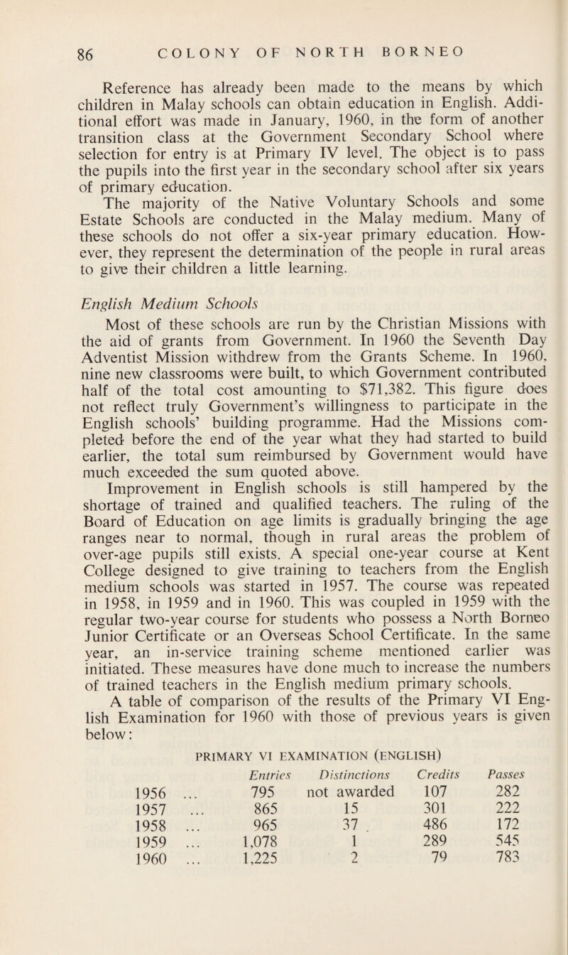 Reference has already been made to the means by which children in Malay schools can obtain education in English. Addi¬ tional effort was made in January, 1960, in the form of another transition class at the Government Secondary School where selection for entry is at Primary IV level. The object is to pass the pupils into the first year in the secondary school after six years of primary education. The majority of the Native Voluntary Schools and some Estate Schools are conducted in the Malay medium. Many of these schools do not offer a six-year primary education. How¬ ever, they represent the determination of the people in rural areas to give their children a little learning. English Medium Schools Most of these schools are run by the Christian Missions with the aid of grants from Government. In 1960 the Seventh Day Adventist Mission withdrew from the Grants Scheme. In 1960, nine new classrooms were built, to which Government contributed half of the total cost amounting to $71,382. This figure does not reflect truly Government’s willingness to participate in the English schools’ building programme. Had the Missions com¬ pleted before the end of the year what they had started to build earlier, the total sum reimbursed by Government would have much exceeded the sum quoted above. Improvement in English schools is still hampered by the shortage of trained and qualified teachers. The ruling of the Board of Education on age limits is gradually bringing the age ranges near to normal, though in rural areas the problem of over-age pupils still exists. A special one-year course at Kent College designed to give training to teachers from the English medium schools was started in 1957. The course was repeated in 1958, in 1959 and in 1960. This was coupled in 1959 with the regular two-year course for students who possess a North Borneo Junior Certificate or an Overseas School Certificate. In the same year, an in-service training scheme mentioned earlier was initiated. These measures have done much to increase the numbers of trained teachers in the English medium primary schools. A table of comparison of the results of the Primary VI Eng¬ lish Examination for 1960 with those of previous years is given below: PRIMARY VI EXAMINATION (ENGLISH) Entries Distinctions Credits Passes 1956 ... 795 not awarded 107 282 1957 ... 865 15 301 222 1958 ... 965 37 486 172 1959 ... 1,078 1 289 545 1960 ... 1,225 2 79 783