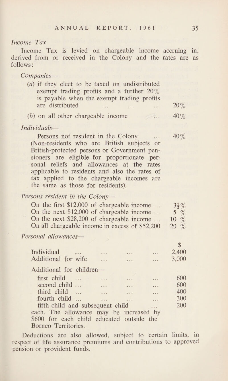 Income Tax Income Tax is levied on chargeable income accruing in, derived from or received in the Colony and the rates are as follows: Companies— (a) if they elect to be taxed on undistributed exempt trading profits and a further 20% is payable when the exempt trading profits are distributed ... ... ... 20% (b) on all other chargeable income ... 40% Individuals■— Persons not resident in the Colony ... 40% (Non-residents who are British subjects or British-protected persons or Government pen¬ sioners are eligible for proportionate per¬ sonal reliefs and allowances at the rates applicable to residents and also the rates of tax applied to the chargeable incomes are the same as those for residents). Persons resident in the Colony— On the first $12,000 of chargeable income ... 3^% On the next $12,000 of chargeable income ... 5 % On the next $28,200 of chargeable income ... 10 % On all chargeable income in excess of $52,200 20 % Personal allowances— $ Individual ... ... ... ... 2,400 Additional for wife ... ... ... 3,000 Additional for children— first child ... ... ... ... 600 second child ... ... ... ... 600 third child ... ... ... ... 400 fourth child ... ... ... ... 300 fifth child and subsequent child ... 200 each. The allowance may be increased by $600 for each child educated outside the Borneo Territories. Deductions are also allowed, subject to certain limits, in respect of life assurance premiums and contributions to approved pension or provident funds.