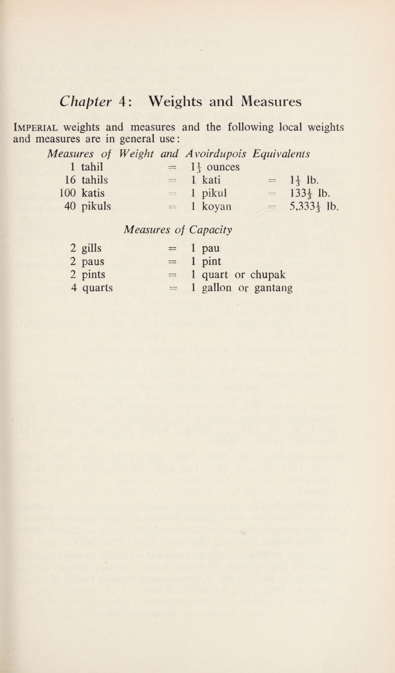 Chapter 4: Weights and Measures Imperial weights and measures and the following local weights and measures are in general use: Measures of Weight and Avoirdupois Equivalents 1 tahil = 1J ounces 16 tahils ~ 1 kati — 1£ lb. 100 katis 1 pikul ™ 133J lb. 40 pikuls = 1 koyan - 5,333J lb. Measures of Capacity 2 gills — 1 pau 2 paus = 1 pint 2 pints = 1 quart or chupak 4 quarts = 1 gallon or gantang