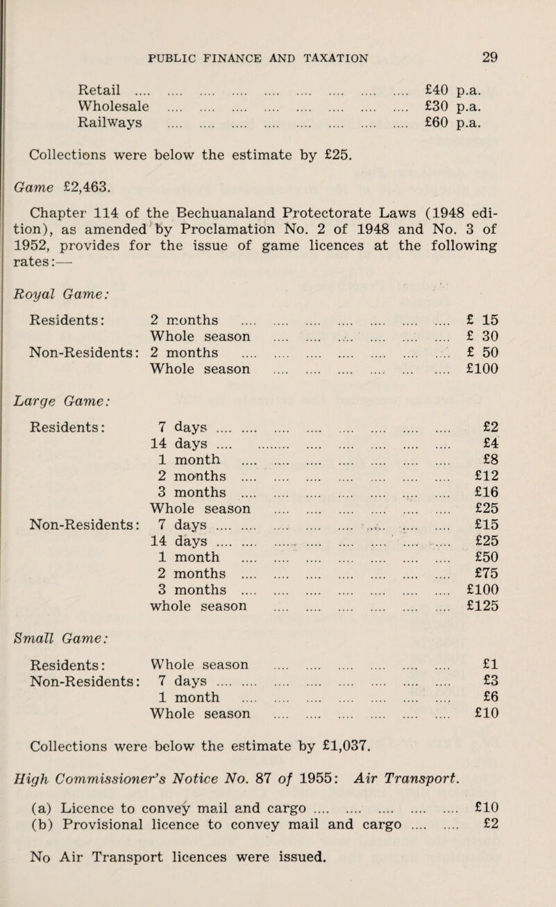 Retail .... Wholesale Railways £40 p.a. £30 p.a. £60 p.a. Collections were below the estimate by £25. Game £2,463. Chapter 114 of the Bechuanaland Protectorate Laws (1948 edi¬ tion), as amended by Proclamation No. 2 of 1948 and No. 3 of 1952, provides for the issue of game licences at the following rates:— Royal Game: Residents: 2 months . £ 15 Whole season .... ... £ 30 Non-Residents: 2 months .;.. £ 50 Whole season . . £100 Large Game: Residents: 7 days . . £2 14 days . . £4 1 month . £8 2 months .... . £12 3 months .... . £16 Whole season .. £25 Non-Residents: 7 days . .. £15 14 days . .. . .. £25 1 month . £50 2 months .... . £75 3 months .... . £100 whole season . £125 Small Game: Residents: Whole season . £1 Non-Residents: 7 days . . £3 1 month . £6 Whole season . £10 Collections were below the estimate by £1,037. High Commissioner’s Notice No. 87 of 1955: Air Transport. (a) Licence to convey mail and cargo. £10 (b) Provisional licence to convey mail and cargo . £2 No Air Transport licences were issued.