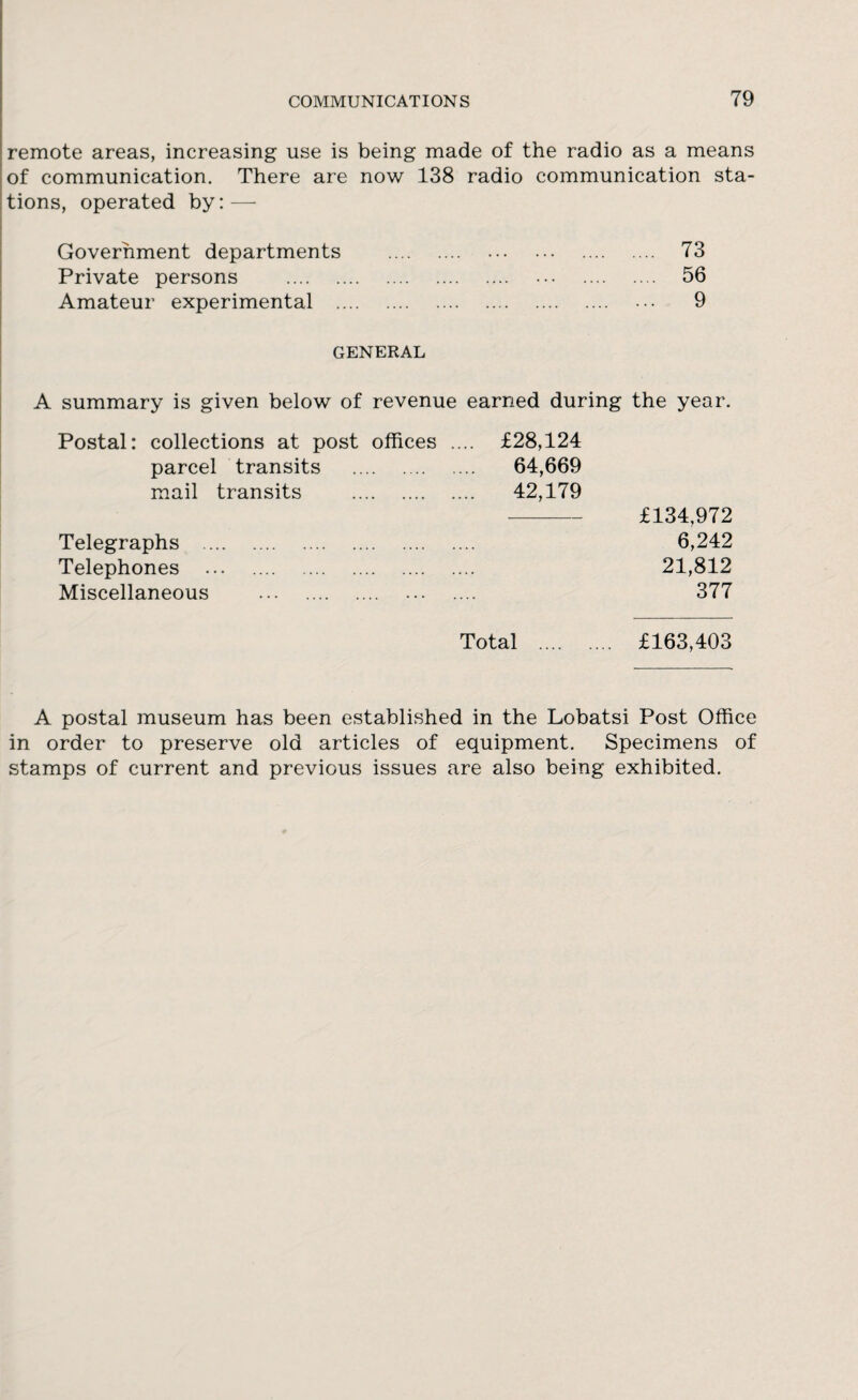 remote areas, increasing use is being made of the radio as a means of communication. There are now 138 radio communication sta¬ tions, operated by: — Government departments . 73 Private persons . 56 Amateur experimental . • •• 9 GENERAL A summary is given below of revenue earned during the year. Postal: collections at post offices .... £28,124 parcel transits . 64,669 mail transits . 42,179 -£134,972 Telegraphs . 6,242 Telephones ... . 21,812 Miscellaneous ... . ... .... 377 Total . £163,403 A postal museum has been established in the Lobatsi Post Office in order to preserve old articles of equipment. Specimens of stamps of current and previous issues are also being exhibited.
