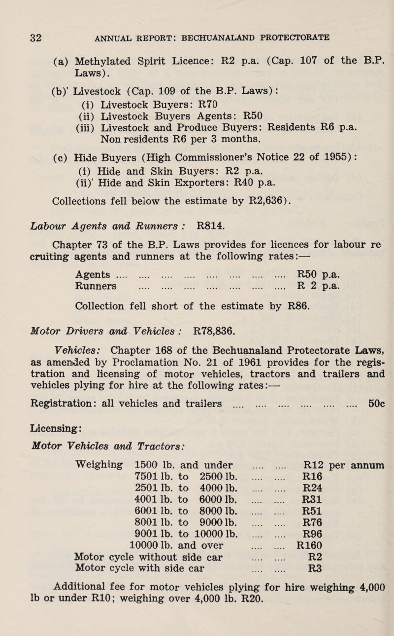 (a) Methylated Spirit Licence: R2 p.a. (Cap. 107 of the B.P. Laws). (b) ' Livestock (Cap. 109 of the B.P. Laws): (i) Livestock Buyers: R70 (ii) Livestock Buyers Agents: R50 (iii) Livestock and Produce Buyers: Residents R6 p.a. Non residents R6 per 3 months. (c) Hide Buyers (High Commissioner’s Notice 22 of 1955): (i) Hide and Skin Buyers: R2 p.a. (ii) ' Hide and Skin Exporters: R40 p.a. Collections fell below the estimate by R2,636). Labour Agents and Runners : R814. Chapter 73 of the B.P. Laws provides for licences for labour re cruiting agents and runners at the following rates:— Agents... R50 p.a. Runners . R 2 p.a. Collection fell short of the estimate by R86. Motor Drivers and Vehicles : R78,836. Vehicles: Chapter 168 of the Bechuanaland Protectorate Laws, as amended by Proclamation No. 21 of 1961 provides for the regis¬ tration and licensing of motor vehicles, tractors and trailers and vehicles plying for hire at the following rates:— Registration: all vehicles and trailers . 50c Licensing: Motor Vehicles and Tractors: Weighing 1500 lb. and under . R12 per annum 7501 lb. to 2500 lb. . R16 2501 lb. to 4000 lb. . R24 4001 lb. to 6000 lb. . R31 6001 lb. to 8000 lb. . R51 8001 lb. to 9000 lb. . R76 9001 lb. to 10000 lb. . R96 10000 lb. and over . R160 Motor cycle without side car . R2 Motor cycle with side car . R3 Additional fee for motor vehicles plying for hire weighing 4,000 lb or under R10; weighing over 4,000 lb. R20.