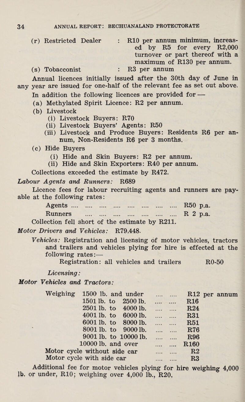 (r) Restricted Dealer : RIO per annum minimum, increas¬ ed by R5 for every R2,000 turnover or part thereof with a maximum of R130 per annum. (s) Tobacconist : R3 per annum Annual licences initially issued after the 30th day of June in any year are issued for one-half of the relevant fee as set out above. In addition the following licences are provided for — (a) Methylated Spirit Licence: R2 per annum. (b) Livestock (i) Livestock Buyers: R70 (ii) Livestock Buyers’ Agents: R50 (iii) Livestock and Produce Buyers: Residents R6 per an¬ num, Non-Residents R6 per 3 months. (c) Hide Buyers (i) Hide and Skin Buyers: R2 per annum. (ii) Hide and Skin Exporters: R40 per annum. Collections exceeded the estimate by R472. Labour Agents and Runners: R689 Licence fees for labour recruiting agents and runners are pay¬ able at the following rates: Agents .... .... .... .... «... .... .... R50 p.a. Runners . R 2 p.a. Collection fell short of the estimate by R211. Motor Drivers and Vehicles: R79,448. Vehicles: Registration and licensing of motor vehicles, tractors and trailers and vehicles plying for hire is effected at the following rates:— Registration: all vehicles and trailers RO-50 Licensing: Motor Vehicles and Tractors: Weighing 1500 lb. and under . R12 per annum 15011b. to 2500 lb. . R16 2501 lb. to 4000 lb. . R24 4001 lb. to 6000 lb. . R31 6001 lb. to 8000 lb. . R51 8001 lb. to 9000 lb. . R76 9001 lb. to 10000 lb. .. R96 10000 lb. and over . R160 Motor cycle without side car . R2 Motor cycle with side car . R3 Additional fee for motor vehicles plying for hire weighing 4,000 lb. or under, RIO; weighing over 4,000 lb., R20,