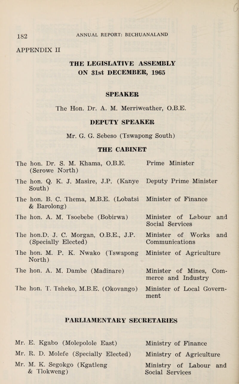 APPENDIX II THE LEGISLATIVE ASSEMBLY ON 31st DECEMBER, 1965 SPEAKER The Hon. Dr. A. M. Merriweather, O.B.E, DEPUTY SPEAKER Mr. G. G. Sebeso (Tswapong South) THE CABINET The hon. Dr. S. M. Khama, O.B.E. Prime Minister (Serowe North) The hon. Q. K. J. Masire, J.P. (Kanye Deputy Prime Minister South) The hon. B. C. Thema, M.B.E. (Lobatsi Minister of Finance & Barolong) The hon. A. M. Tsoebebe (Bobirwa) Minister of Labour and Social Services The hon.D. J. C. Morgan, O.B.E., J.P. Minister of Works and (Specially Elected) Communications The hon. M. P. K. Nwako (Tswapong Minister of Agriculture North) The hon. A. M. Dambe (Madinare) Minister of Mines, Com¬ merce and Industry The hon. T. Tsheko, M.B.E. (Okovango) Minister of Local Govern¬ ment PARLIAMENTARY SECRETARIES Mr. E. Kgabo (Molepolole East) Ministry of Finance Mr. R. D. Molefe (Specially Elected) Ministry of Agriculture Mr. M. K. Segokgo (Kgatleng & Tlokweng) Ministry of Labour and Social Services