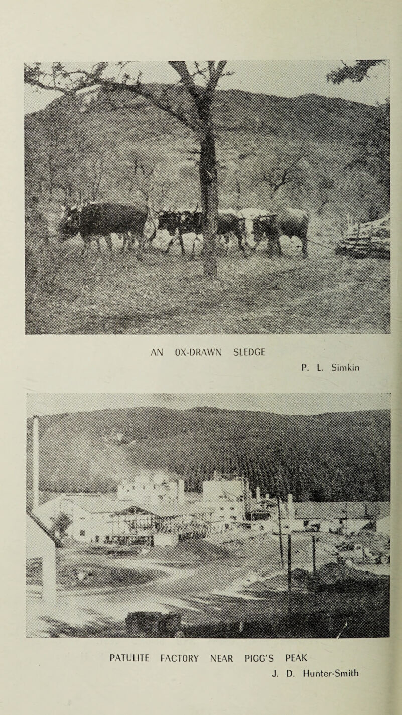 AN OX-DRAWN SLEDGE P. L. Simkin 1 \ 1 I iimhi 1 SH* 1 - I $*« ' *'*?& i m® . ... . ■ : ■ ■ ' ■ : ■ , PATULITE FACTORY NEAR PIGG’S PEAK J, D. Hunter-Smith