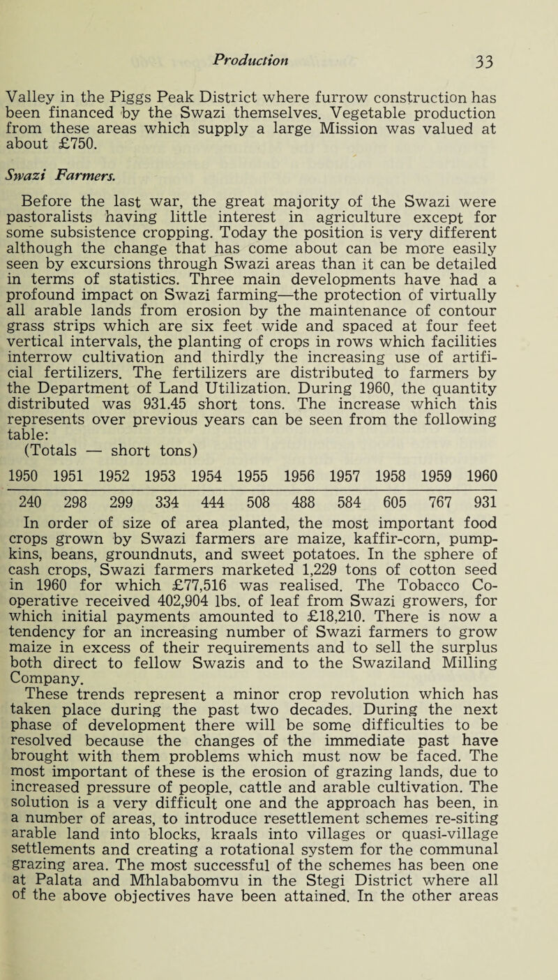 Valley in the Piggs Peak District where furrow construction has been financed by the Swazi themselves. Vegetable production from these areas which supply a large Mission was valued at about £750. Swazi Farmers. Before the last war, the great majority of the Swazi were pastoralists having little interest in agriculture except for some subsistence cropping. Today the position is very different although the change that has come about can be more easily seen by excursions through Swazi areas than it can be detailed in terms of statistics. Three main developments have had a profound impact on Swazi farming—the protection of virtually all arable lands from erosion by the maintenance of contour grass strips which are six feet wide and spaced at four feet vertical intervals, the planting of crops in rows which facilities interrow cultivation and thirdly the increasing use of artifi¬ cial fertilizers. The fertilizers are distributed to farmers by the Department of Land Utilization. During 1960, the quantity distributed was 931.45 short tons. The increase which this represents over previous years can be seen from the following table: (Totals — short tons) 1950 1951 1952 1953 1954 1955 1956 1957 1958 1959 1960 ~240 298 299 334 444 508 488 584 605 767 931 In order of size of area planted, the most important food crops grown by Swazi farmers are maize, kaffir-corn, pump¬ kins, beans, groundnuts, and sweet potatoes. In the sphere of cash crops, Swazi farmers marketed 1,229 tons of cotton seed in 1960 for which £77,516 was realised. The Tobacco Co¬ operative received 402,904 lbs. of leaf from Swazi growers, for which initial payments amounted to £18,210. There is now a tendency for an increasing number of Swazi farmers to grow maize in excess of their requirements and to sell the surplus both direct to fellow Swazis and to the Swaziland Milling Company. These trends represent a minor crop revolution which has taken place during the past two decades. During the next phase of development there will be some difficulties to be resolved because the changes of the immediate past have brought with them problems which must now be faced. The most important of these is the erosion of grazing lands, due to increased pressure of people, cattle and arable cultivation. The solution is a very difficult one and the approach has been, in a number of areas, to introduce resettlement schemes re-siting arable land into blocks, kraals into villages or quasi-village settlements and creating a rotational system for the communal grazing area. The most successful of the schemes has been one at Palata and Mhlababomvu in the Stegi District where all of the above objectives have been attained. In the other areas