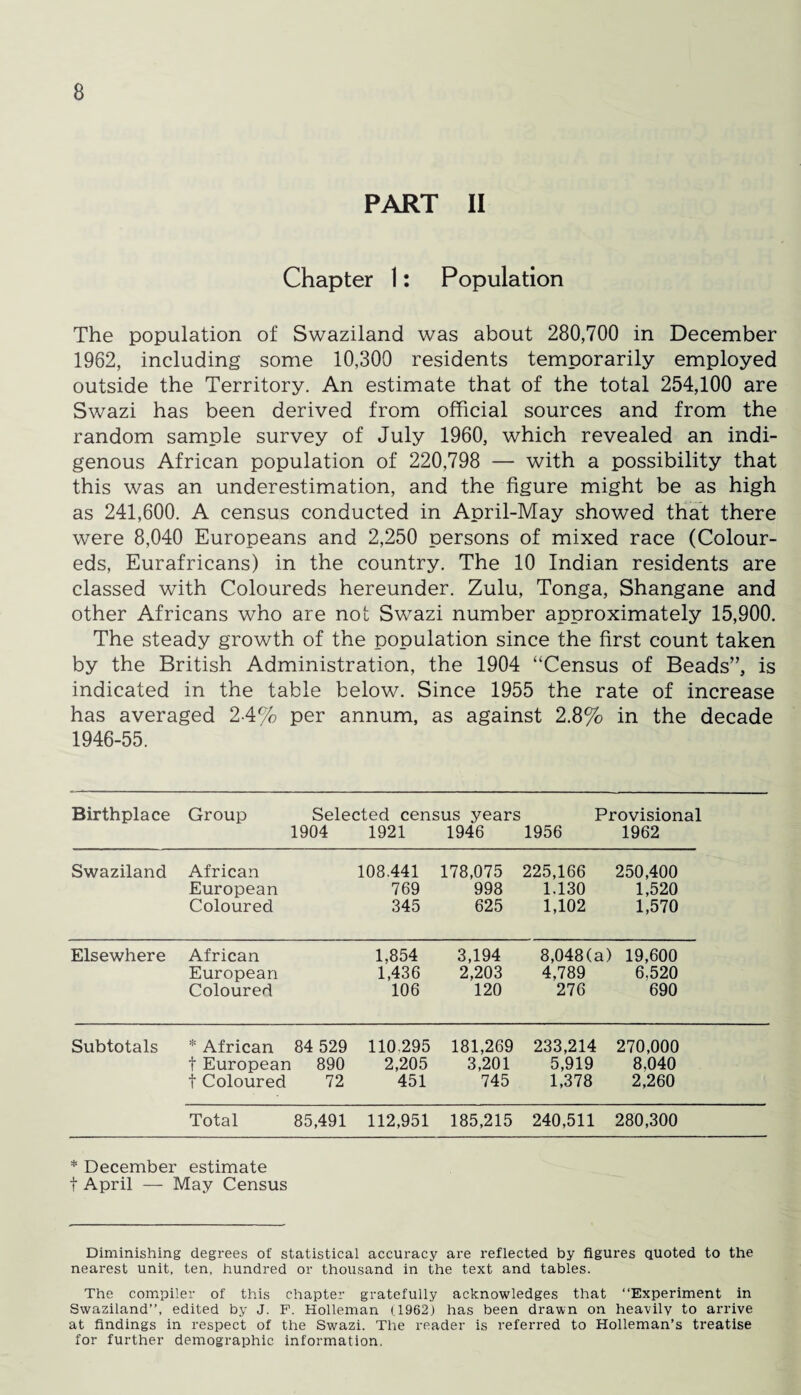 PART II Chapter 1: Population The population of Swaziland was about 280,700 in December 1962, including some 10,300 residents temporarily employed outside the Territory. An estimate that of the total 254,100 are Swazi has been derived from official sources and from the random sample survey of July 1960, which revealed an indi¬ genous African population of 220,798 — with a possibility that this was an underestimation, and the figure might be as high as 241,600. A census conducted in April-May showed that there were 8,040 Europeans and 2,250 persons of mixed race (Colour¬ eds, Eurafricans) in the country. The 10 Indian residents are classed with Coloureds hereunder. Zulu, Tonga, Shangane and other Africans who are not Swazi number approximately 15,900. The steady growth of the population since the first count taken by the British Administration, the 1904 “Census of Beads”, is indicated in the table below. Since 1955 the rate of increase has averaged 2-4% per annum, as against 2.8% in the decade 1946-55. Birthplace Group Selected census years Provisional 1904 1921 1946 1956 1962 Swaziland African 108.441 178,075 225,166 250,400 European 769 998 1.130 1,520 Coloured 345 625 1,102 1,570 Elsewhere African 1,854 3,194 8,048(a) 19,600 European 1,436 2,203 4,789 6,520 Coloured 106 120 276 690 Subtotals * African 84 529 110 295 181,269 233,214 270,000 t European 890 2,205 3,201 5,919 8,040 t Coloured 72 451 745 1,378 2,260 Total 85,491 112,951 185,215 240,511 280,300 * December estimate t April — May Census Diminishing degrees of statistical accuracy are reflected by figures quoted to the nearest unit, ten, hundred or thousand in the text and tables. The compiler of this chapter gratefully acknowledges that “Experiment in Swaziland’’, edited by J. F. Holleman (.1962) has been drawn on heavily to arrive at findings in respect of the Swazi. The reader is referred to Holleman’s treatise for further demographic information.