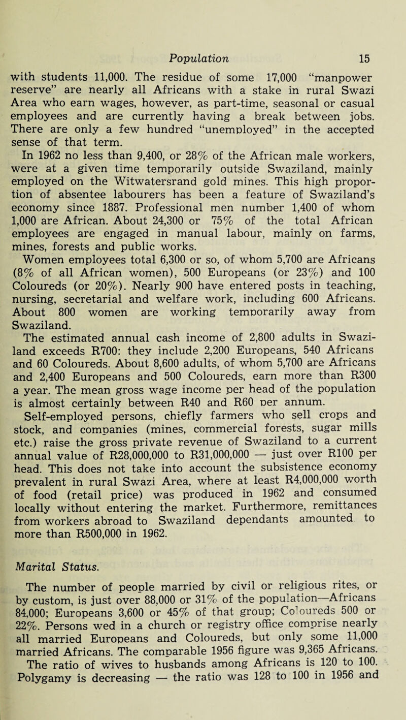 with students 11,000. The residue of some 17,000 “manpower reserve” are nearly all Africans with a stake in rural Swazi Area who earn wages, however, as part-time, seasonal or casual employees and are currently having a break between jobs. There are only a few hundred “unemployed” in the accepted sense of that term. In 1962 no less than 9,400, or 28% of the African male workers, were at a given time temporarily outside Swaziland, mainly employed on the Witwatersrand gold mines. This high propor¬ tion of absentee labourers has been a feature of Swaziland’s economy since 1887. Professional men number 1,400 of whom 1,000 are African. About 24,300 or 75% of the total African employees are engaged in manual labour, mainly on farms, mines, forests and public works. Women employees total 6,300 or so, of whom 5,700 are Africans (8% of all African women), 500 Europeans (or 23%) and 100 Coloureds (or 20%). Nearly 900 have entered posts in teaching, nursing, secretarial and welfare work, including 600 Africans. About 800 women are working temporarily away from Swaziland. The estimated annual cash income of 2,800 adults in Swazi¬ land exceeds R700: they include 2,200 Europeans, 540 Africans and 60 Coloureds. About 8,600 adults, of whom 5,700 are Africans and 2,400 Europeans and 500 Coloureds, earn more than R300 a year. The mean gross wage income per head of the population is almost certainly between R40 and R60 per annum. Self-employed persons, chiefly farmers who sell crops and stock, and companies (mines, commercial forests, sugar mills etc.) raise the gross private revenue of Swaziland to a current annual value of R28,000,000 to R31,000,000 — just over R100 per head. This does not take into account the subsistence economy prevalent in rural Swazi Area, where at least R4,000,000 worth of food (retail price) was produced in 1962 and consumed locally without entering the market. Furthermore, remittances from workers abroad to Swaziland dependants amounted to more than R500,000 in 1962. Marital Status. The number of people married by civil or religious rites, or by custom, is just over 88,000 or 31% of the population Africans 84,000; Europeans 3,600 or 45% of that group; Coloureds 500 or 22%. Persons wed in a church or registry office comprise nearly all married Europeans and Coloureds, but only some 11,000 married Africans. The comparable 1956 figure was 9,365 Africans. The ratio of wives to husbands among Africans is 120 to 100. Polygamy is decreasing — the ratio was 128 to 100 in 1956 and