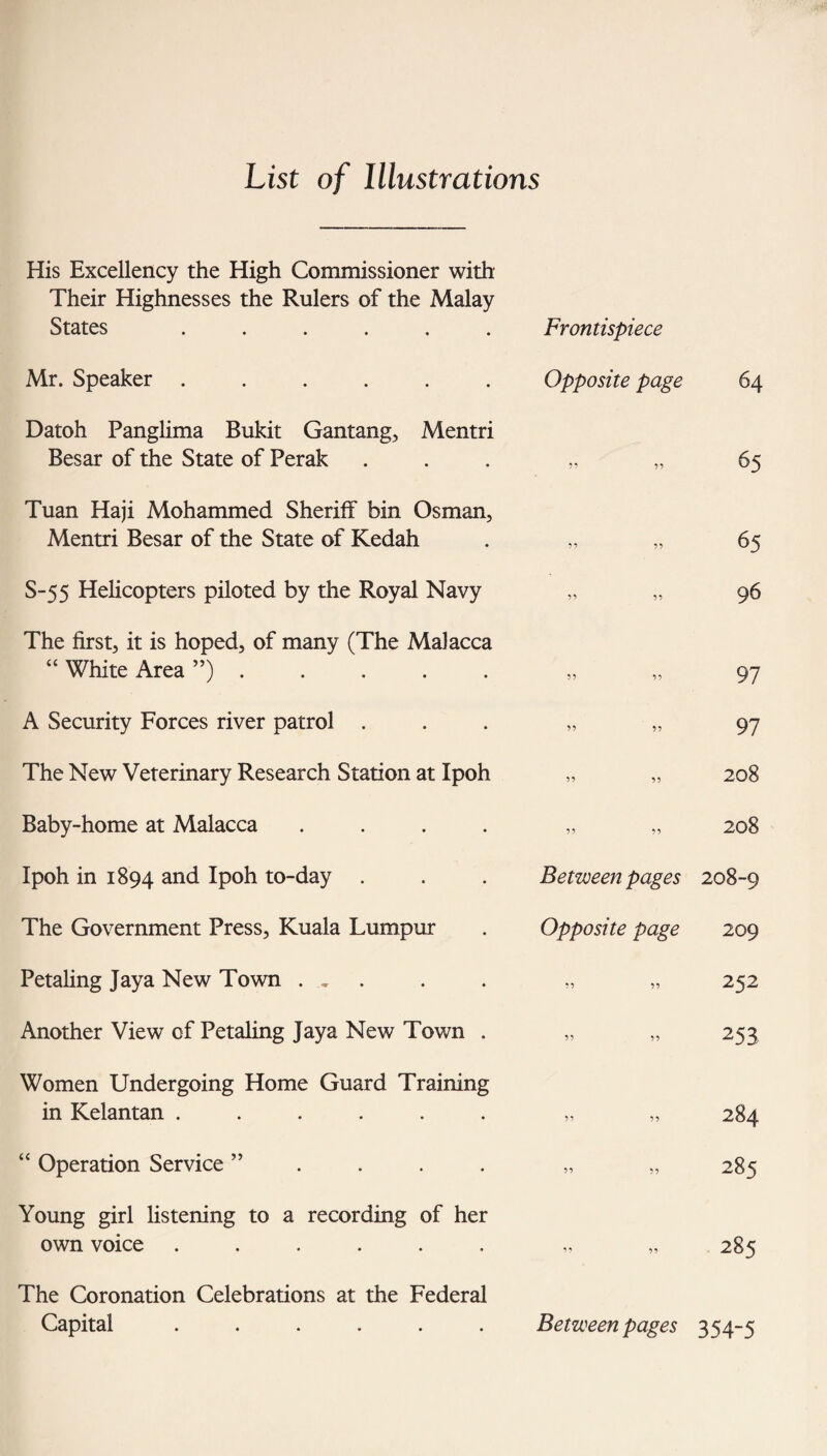 List of Illustrations His Excellency the High Commissioner with Their Highnesses the Rulers of the Malay States ...... Frontispiece Mr. Speaker ...... Opposite page 64 Datoh Panglima Bukit Gantang, Mentri Besar of the State of Perak 99 99 65 Tuan Haji Mohammed Sheriff bin Osman, Mentri Besar of the State of Kedah 9 9 99 65 S-55 Helicopters piloted by the Royal Navy 99 99 96 The first, it is hoped, of many (The Malacca “ White Area ”). 99 99 97 A Security Forces river patrol . 99 99 97 The New Veterinary Research Station at Ipoh 99 99 208 Baby-home at Malacca .... 99 99 208 Ipoh in 1894 and Ipoh to-day . Between pages 208-9 The Government Press, Kuala Lumpur Opposite page 209 Petaling Jaya New Town . 99 99 252 Another View of Petaling Jaya New Town . 99 99 253 Women Undergoing Home Guard Training in Kelantan ...... 99 99 284 “ Operation Service ” 99 99 285 Young girl listening to a recording of her own voice ...... 99 99 285 The Coronation Celebrations at the Federal Capital ...... Between pages 354-5