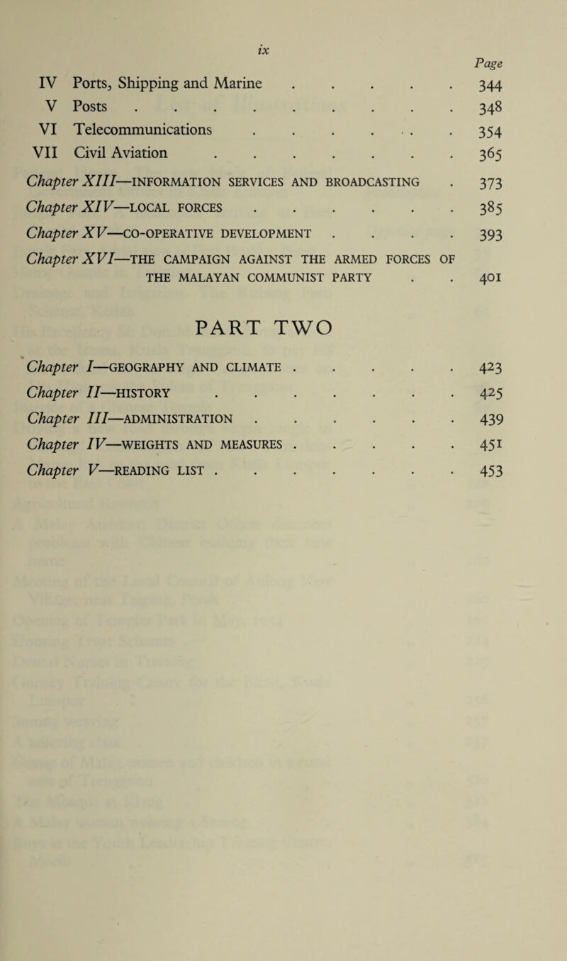 IX IV Ports, Shipping and Marine Page 344 V Posts ....... . 348 VI Telecommunications .... < . 354 VII Civil Aviation ..... • 365 Chapter XIII—information services and broadcasting 373 Chapter XIV—local forces .... • 385 Chapter XV—co-operative development • 393 Chapter XVI—the campaign against the armed THE MALAYAN COMMUNIST PARTY FORCES OF 401 PART TWO Chapter /—GEOGRAPHY AND climate . . . 423 Chapter II—history. • • 425 Chapter III—administration .... • • 439 Chapter IV—weights and measures . » • 45i Chapter V—reading list. • • 453