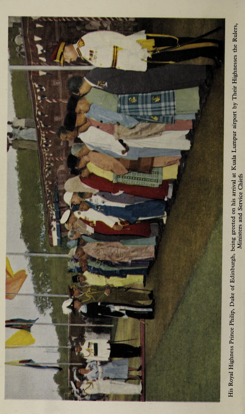 His Royal Highness Prince Philip, Duke of Edinburgh, being greeted on his arrival at Kuala Lumpur airport by Their Highnesses the Rulers, Ministers and Service Chiefs