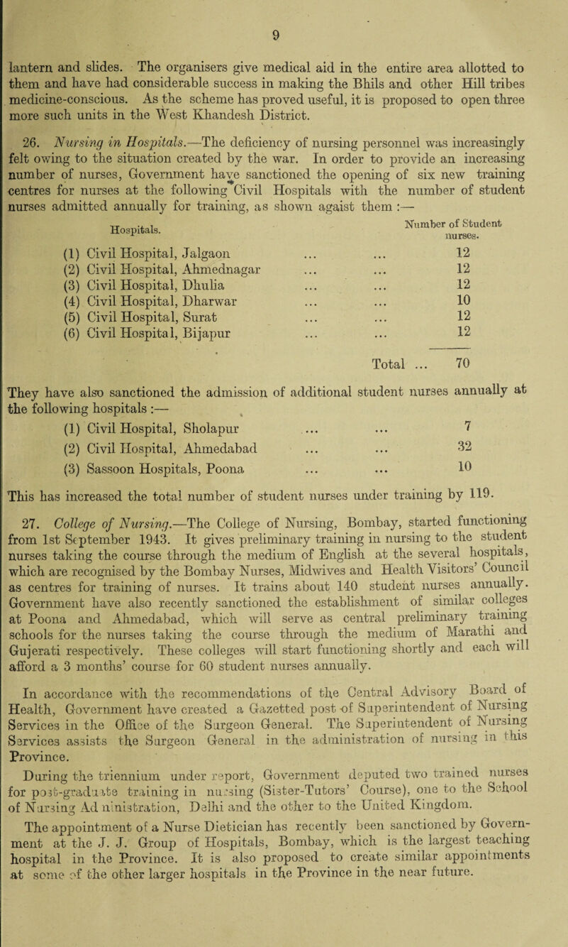 lantern and slides. The organisers give medical aid in the entire area allotted to them and have had considerable success in making the Bhils and other Hill tribes medicine-conscious. As the scheme has proved useful, it is proposed to open three more such units in the West Khandesh District. v 26. Nursing in Hospitals.—The deficiency of nursing personnel was increasingly felt owing to the situation created by the war. In order to provide an increasing number of nurses, Government have sanctioned the opening of six new training centres for nurses at the following Civil Hospitals with the number of student nurses admitted annually for training, as shown agaist them :—- Hospitals. (1) Civil Hospital, Jalgaon (2) Civil Hospital, Ahmednagar (3) Civil Hospital, Dhulia (4) Civil Hospital, Dharwar (5) Civil Hospital, Surat (6) Civil Hospital, Bijapur They have also sanctioned the admission the following hospitals :— (1) Civil Hospital, Sholapur (2) Civil Hospital, Ahmedabad (3) Sassoon Hospitals, Poona Number of Student nurses. 12 12 12 10 12 12 Total ... 70 additional student nurses annually at 10 This has increased the total number of student nurses under training by 119. 27. College of Nursing.—The College of Nursing, Bombay, started functioning from 1st September 1943. It gives preliminary training in nursing to the student nurses taking the course through the medium of English at the several hospitals, which are recognised by the Bombay Nurses, Midwives and Health Visitors Council as centres for training of nurses. It trains about 140 student nurses annually. Government have also recently sanctioned the establishment of similar colleges at Poona and Ahmedabad, which will serve as central preliminary training schools for the nurses taking the course through the medium of Marathi and Gujerati respectively. These colleges will start functioning shortly and each will afford a 3 months’ course for 60 student nurses annually. In accordance with the recommendations of the Central Advisory Board of Health, Government have created a Gazetted post-of Superintendent of Nursing Services in the Office of the Surgeon General. The Superintendent of Nursing Services assists the Surgeon General in the administration of nursing in this Province. During the triennium under report, Government deputed two trained nurses for post-graduate training in nursing (Sister-Tutors’ Course), one to the School of Nursing Ad ninistrabion, Delhi and the other to the United Kingdom. o 7 The appointment of a Nurse Dietician has recently been sanctioned by Govern¬ ment at the J. J. Group of Hospitals, Bombay, which is the largest teaching hospital in the Province. It is also proposed to create similar appointments .at some of the other larger hospitals in the Province in the near future.
