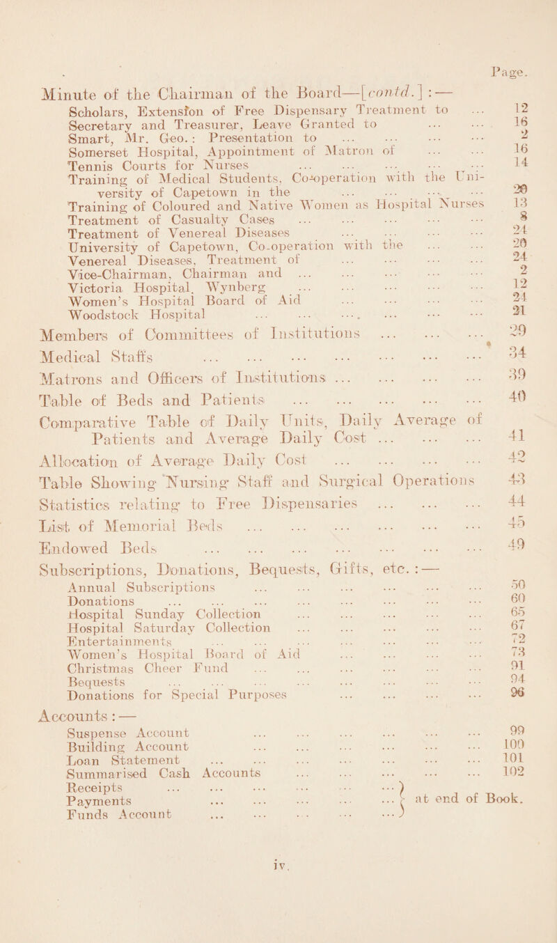 I5 a ge. Minute of tlie Chairman of the Board—[contd.] :— Scholars, Extension of Free Dispensary Treatment to Secretary and Treasurer, Leave Granted to Smart, Mr. Geo. : Presentation to Somerset Hospital, Appointment of Matron of . Tennis Courts for Nurses ... ... ... ■ Training of Medical Students, Co-operation with the 1 di¬ versity of Capetown in the ... ... ••• Training of Coloured and Native Women as Hospital Nurses Treatment of Casualty Cases Treatment of Venereal Diseases ... University of Capetown, Co-operation with tne Venereal Diseases, Treatment of . Vice-Chairman, Chairman and Victoria Hospital. Wynberg . Women’s Hospital Board of Aid Woodstock Hospital ... ... •••. Members of Committees of Institutions . Medical Staffs . Matrons and Officers of Institutions. Table of Beds and Patients . Comparative Table of Daily Units, Daily Average of Patients and Average Daily Cost. Allocation of Average Daily Cost . Table Showing Nursing Staff and Surgical Operations Statistics relating to Free Dispensaries . List of Memorial Beds . Endowed Beds . l 16 2 16 14 2@ 13 8 24 20 24 2 12 24 21 29 34 39 40 41 JO 43 44 45 49 Subscriptions, Donations, Bequests, Annual Subscriptions Donations Hospital Sunday Collection Hospital Saturday Collection Entertainments Women’s Hospital Board of Aid Christmas Cheer Fund Bequests Donations for Special Purposes Accounts : — Suspense Account Building Account . Loan Statement . Summarised Cash Accounts Receipts Payments Funds Account Gifts, etc. : — . 50 . 60 65 . 67 . 72 . 73 . 91 . 94 . 96 . 99 . 109 . 101 . 102 at end of Book.