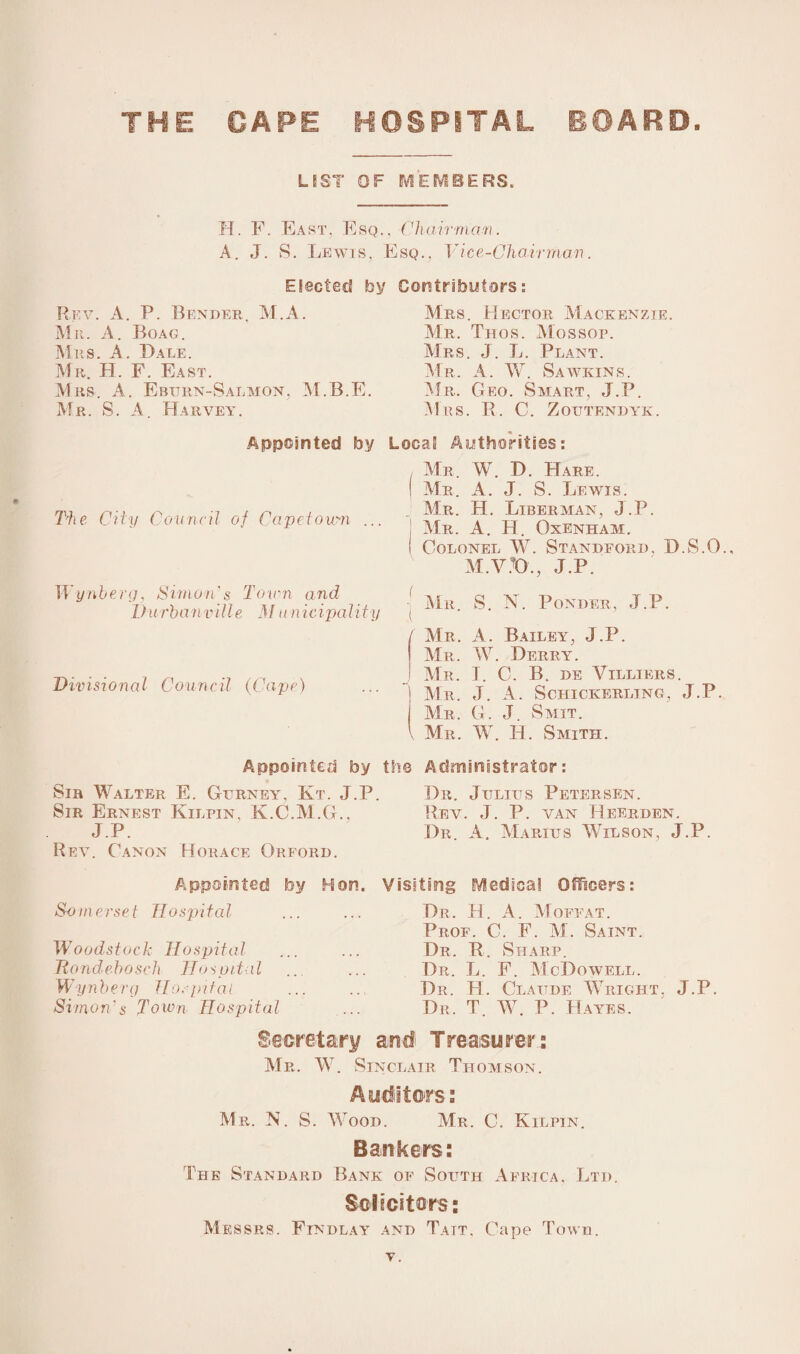 LIST OF MEMBERS. H. F. East, Esq., Chairman. A. J. S. Lewis, Esq., Vice-Chairman. Ejected by Contributors: Rev. A. P. Bender, M.A. Mrs. Hector Mackenzie. Mr. A. Bqag. Mr. Thos. Mossqp. Mrs. A. Bale. Mrs. J. L. Plant. Mr. H. F. East. Mr. A. AY. Sawkins. Mrs. A. Ebttrn-Salmon, M.B.E. Mr. Geo. Smart, J.P. Mr. S. A. Harvey. Mrs. E. C. Zoutendyk. Appointed by Trhe City Council of Capetown Wynherg, Simon's Town and Durbanvitte M u nicipality Divisional Council (Cape) Local Authorities: Mr. W. D. Hare. ! Mr. A. J. S. Lewis. Mr. H. Liberman, J.P. ! Mr. A. H. Oxenham. I Colonel W. Standeord, D.S.O., M.VX)., J.P. Mr. S. N. Ponder, J.P. r Mr. A. Bailey, J.P. Mr. W. Derry. Mr. I. C. B. de Villiers. Mr. J. A. Sciiickerling, J.P. Mr. G. J. Smit. v Mr. W. H. Smith. Appointed by the Sir Walter E. Gurney, Kt. J.P. Sir Ernest Kilfin, K.C.M.G., J.P. Rev. Canon Horace Orford. Administrator: Dr. Julius Petersen. Rev. J. P. van Reerden. Dr. A. Marius Wilson, J.P. Appointed by Hon. Somerset Hospital Woodstock Hospital Bondebosch Hospital Wynherg Hospital Simon's Town Hospital Visiting Medical Officers: Dr. H. A. Mofj -AT. Prof. C. F. M. Saint. Dr. R. Sharp. Dr. L. F. McDowell. Dr. PL Claude Wright, J.P. Dr. T. AY. P. Hayes. Secretary and Treasurer: Mr. W. Sinclair Thomson. Auditors: Mr. N. S. Wood. Mr. C. Kilfin. Bankers: The Standard Bank of South Africa, Ltd. Solicitors: Messrs. Findlay and Tait. Cape Town.