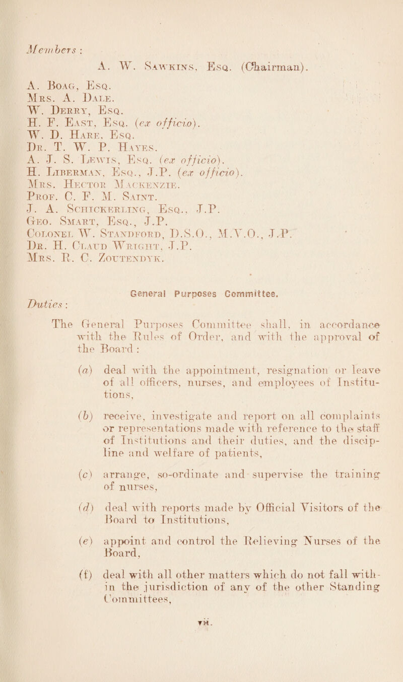 Mem hers A. W. Sawkixs, Esq. (Chairman). A. Boag, Esq. Mes. A. Dale. W. Derry, E SQ. H. E. East, Esq. (ex officio). W. D. Hare, Esq. Dr. T. W. P. Hayes. A. I. S. Lewis, Esq. (ex officio). H. Liberman, Esq., J.P. (ex officio). Mrs. Hector M ackenzie . Prof. C. F. M. Saint. J. A. SciIICKERLING, Esq., J.P. Geo. Smart, Esq., -J.P. Colonel W. Standforo, D.S.O., M.Y.O., J.P. ])r. H. Clafd Wright, -T.P. Mrs. B. C. Zotjtendyk. Du ties : Genera! Purposes Committee. The General Purposes Committee shall, in accordance with the Poles of Order, and with the approval of the Board : (a) deal with the appointment, resignation or leave of all officers, nurses, and employees of Institu¬ tions, (b) receive, investigate and report on all complaints or representations made with reference to the staff of Institutions and their duties, and the discip¬ line and welfare of patients, (c) arrange, so-ordinate and supervise the training of nurses, (d) deal with reports made by Official Visitors of the Board to Institutions, (e) appoint and control the Believing Nurses of the Board, (f) deal with all other matters which do not fall with¬ in the jurisdiction of any of the other Standing Committees, TM.