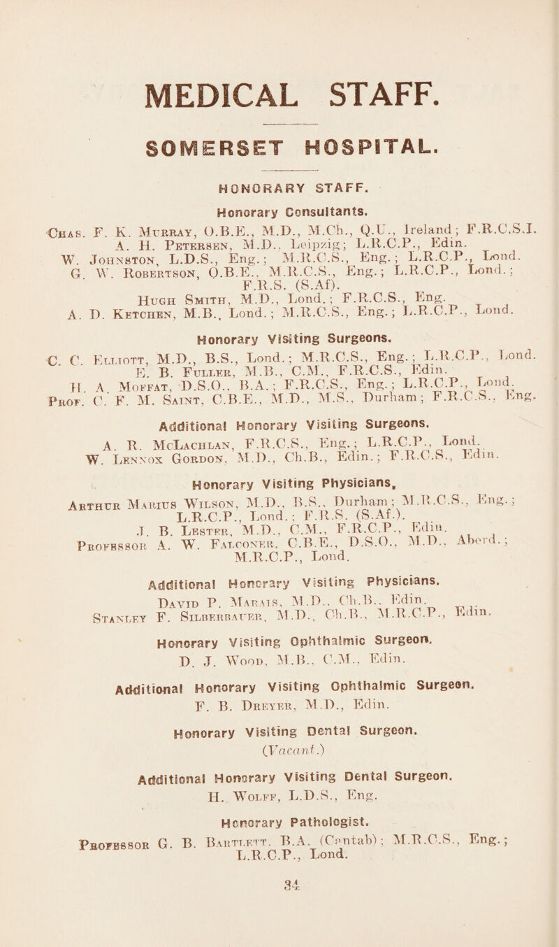 MEDICAL STAFF. SOMERSET HOSPITAL. HONORARY STAFF. Honorary Consultants, Chas. F. K. Murray, M.I)., M.Ch., Q.U., Ireland; F.R.C.S.I A. H. Petersen, M.D., Leipzig; L.R.C.P., Edin. W. Johnston, L.D.S., Eng.; M.R.C.S., Eng.; B.R.C.P., Lond. G W. Robertson, Q.B.E., M.R.C.S., Eng.; L.R.C.P., Loud.; F.R.S. (S.Af). Hugh Smith, M.D., Bond.; F.R.C.S., Eng. A. I). Ketchen, M.B., Bond.; M.R.C.S., Eng.; L.R.C.P., Bond. Honorary Visiting Surgeons. C C Elliott, M.D., B.S., Bond.; M.R.C.S., Eng.; B.R.C.P., Bond E. B. Fuller, M.B., C.M., F.R.C.S., Edm. FT A Moffat, D.S.G., B.A.; F.R.C.S., Eng.; L.R.C.P., Bond. Prof. C. F. M. Saint, C.B.E., M.I)., M.S., Durham; F.R.C.S., Eng Additional Honorary Visiting Surgeons. A. R. McLachlan, F.R.C.S., Eng.; B.R.C.P., Bond. W. Lennox Gordon, M.D., Ch.B., Edin.; F.R.C.S., Edm. Honorary Visiting Physicians, Arthur Marius Wilson, M.D., B.S., Durham• M.R.C.S., Eng.; L.R.C.P., Bond.; F.R.S. (S.Af.). J. B. Lf.stfr, M.D., C.M., F.R.C.P., Edin. Professor A. W. Falconer, C.B.E., D.S.O., M.D.. Abord.; M.R.C.P., Bond. Additional Honorary Visiting Physicians. David P. Mabats, M.D., Ch.B., Edin. Stanley F. Silberbauer, M.D., Oh.B., M.R.C.P., Edm. Honorary Visiting Ophthalmic Surgeon, D. J. Wood, M.B., GAT., Edin. Additional Honorary Visiting Ophthalmic Surgeon, F. B. Dreyer, M.D., Edin. Honorary Visiting Dental Surgeon. (Vacant.) Additional Honorary Visiting Dental Surgeon. H. Wolff, B.D.S., Eng. Honorary Pathologist, Professor G. B. Bartlett. B.A. (Cantab); M.R.C.S., Eng.; L.R.C.P., Lend.