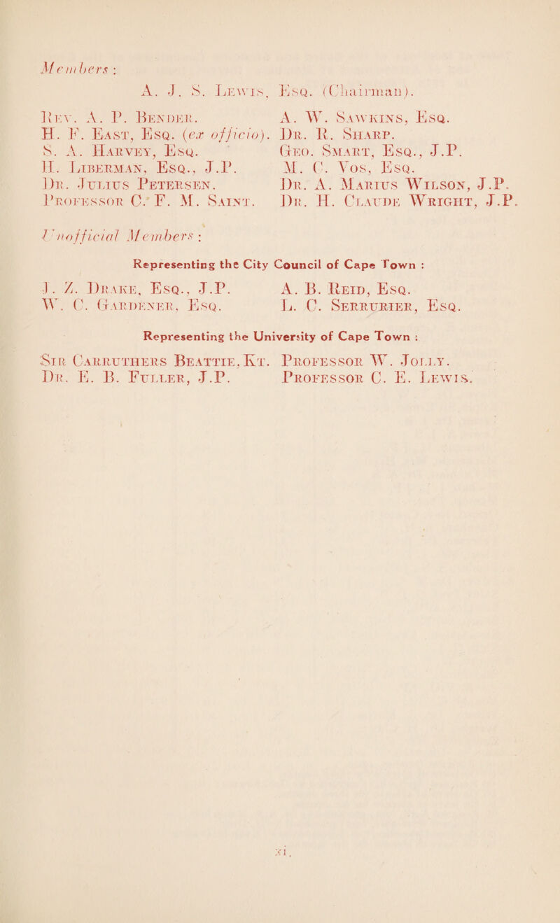 Members : A. J. S. Lewis, ]vev. A. P. Bender. H. F. East, Esq. (ex officio). S. A. Harvey, Esq. H. Liberman, Esq., J.P. Hr. .Julius Petersen. Professor C. F. M. Saint. I nofficial Members : Esq. (Chairman). A. W. Sawkins, Esq. Hr. P. Sharp. Geo. Smart, Esq., J.P. M. (’. Vos, Esq. Dr. A. Marius Wilson, J.P. Dr. H. Claude Wright, J.P Representing the City Council of Cape Town : J. Z. Drake, Esq., J.P. A. B. IIeid, Esq. W. C. Gardener. Esq. Jj. C. Serrurier, Esq. Representing the University of Cape Town : Sir Garruthers Beattie . Kt. Dr. E. B. Fuller, J.P. Professor W. Jolly. Professor C. E. Lewis.