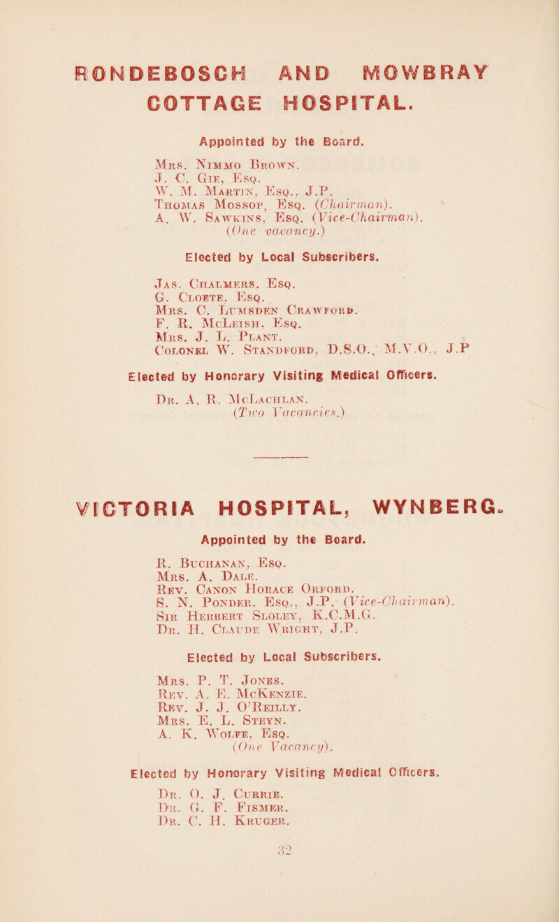 COTTAGE HOSPITAL. Appointed by the Board. Mrs. Kimmo Brown. J. €. Gie, Esq. W. M. Martin, Esq., J.P. Thomas Mossor, Esq. (Chairman). A. W. Sawkins, Esq. (Vice-Chairman). (One vacancy.) Elected by Local Subscribers. Jas. Chalmers, Esq. G. Cloete, Esq. Mrs. C. Lumsden Craw fori*. F. R. McLeish, Esq. Mrs. J. L. Plant. Colonel W. Standeord, D.B.O.; M.Y.O., J.P Elected by Honorary Visiting Medical Officers. Be. A. R. McLachlan. (Tiro Vacancies.) VICTORIA HOSPITAL, WYNBERG, Appointed by the Board. E. Buchanan, Esq. Mrs. A. Bale. Rev. Canon Horace Orford. S. N. Ponder. Esq., J.P. (Vice-Chairman). Sir Herbert Sloley, K.C.M.G. Be. H. Claude Wright, J.P. Elected by Local Subscribers. Mrs. P. T. Jones. Rev. A. E. McKenzie. Rev. J. J. O'Reilly. Mrs. E. L. Steyn. A. K. Wolfe, Esq. (One Vacancy). Elected by Honorary Visiting Medical Officers. Be. O. J. Currie. Dr. G. F. Fismer. Dr. C. H. Kruger.
