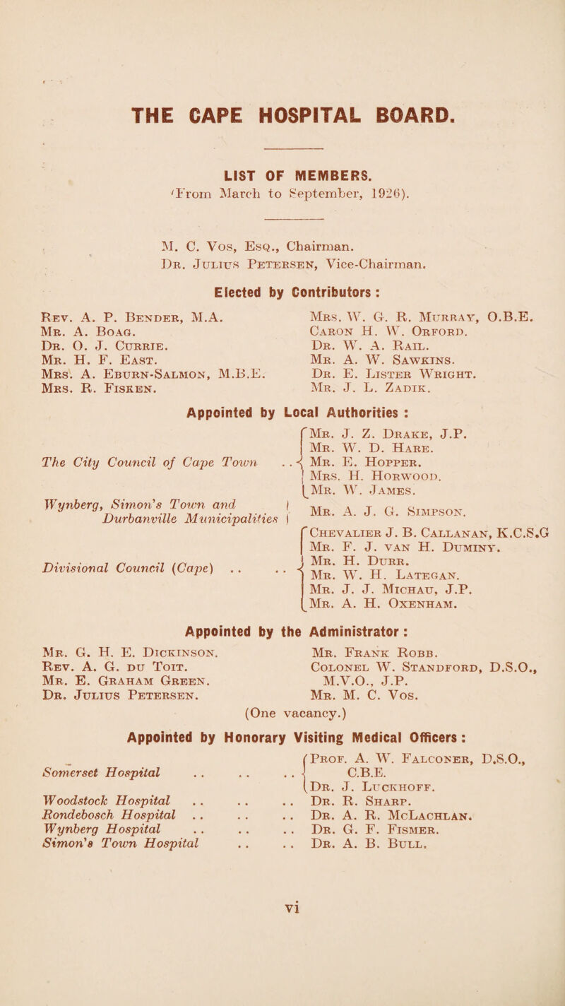 LIST OF MEMBERS. 'From March to September, 1926). M. C. Vos, Esq., Chairman. Dr. Julius Petersen, Vice-Chairman. Elected by Contributors: Rev. A. P. Bender, M.A. Mr. A. Boag. Dr. O. J. Currie. Mr. H. F. East. Mrs. A. Eburn-Salmon, M.B.E. Mrs. R. Fisken. Appointed by The City Council of Cape Town Wynberg, Simon’s Town and Durbanville Municipalities Divisional Council (Cape) Mrs. W. G. R. Murray, O.B.E. Caron H. W. Orford. Dr. W. A. Rail. Mr. A. W. Sawkins. Dr. E. Lister Wright. Mr. J. L. Zadik. Local Authorities : TMr. J. Z. Drake, J.P. j Mr. W. D. Hare. . . < Mr. E. Hopper. ] Mrs. H. Horwood, (^Mr. W. James. Mr. A. J. G. Simpson. Chevalier J. B. Callanan, K.C.S.G Mr. F. J. van H. Duminy. I Mr. H. Durr. Mr. W. H. Lategan. Mr. J. J. Michau, J.P. Mr. A. H. Oxenham. Appointed by Mr. G. H. E. Dickinson. Rev. A. G. du Toit. Mr. E. Graham Green. Dr. Julius Petersen. (One the Administrator: Mr. Frank Robb. Colonel W. Standford, D.S.O., M.V.O., J.P. Mr. M. C. Vos. vacancy.) Appointed by Honorary Visiting IVIedical Officers: Somerset Hospital Woodstock Hospital Bondebosch Hospital Wynberg Hospital Simon's Town Hospital (Prof. A. W. Falconer, D.S.O., | C.B.E. (Dr. J. Luckhoff. Dr. R. Sharp. Dr. A. R. McLachlan. Dr. G. F. Fismer. Dr. A. B. Bull.
