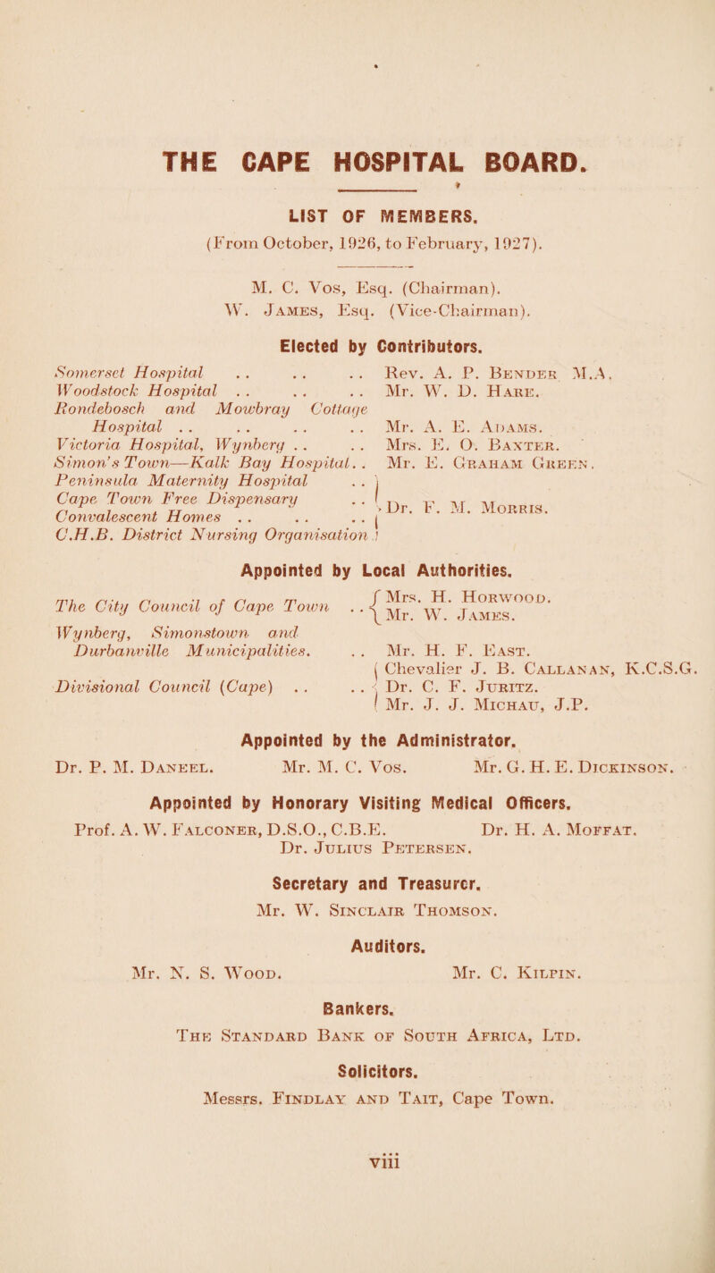 _________ * LIST OF MEMBERS. (From October, 1926, to February, 1927). M. C. Vos, Esq. (Chairman). W. James, Esq. (Vice-Chairman). Elected by Contributors. Somerset Hospital .. .. .. Kev. A. P. Bender M.A, Woodstock Hospital . . . . . . Mr. W. D. Hare. Rondebosch and Mowbray Cottage Hospital . . . . . . . . Mr. A. E. Adams. Victoria, Hospital, Wynberg . . . . Mrs. E. O. Baxter. Simon's Town—Kalk Bay Hospital. . Mr. E. Graham Green. Peninsula Maternity Hospital Cape Town Free Dispensary Convalescent Howes C.H.B. District Nursing Organisation.} Appointed by Local Authorities. m, f,.. n t ri rr f Mrs. H. Horwood. J J 1 \Mr. W. James. Wynberg, Simonstown and Durbanville Municipalities. . . Mr. H. F. East. ( Chevalier J. B. Callanan, K.C.S.G. Divisional Council (Cape) . . ... Dr. C. F. Juritz. I Mr. J. J. Michau, J.P. Appointed by the Administrator. Dr. P. M. Daneel. Mr. M. C. Vos. Mr. G. H. E. Dickinson. Appointed by Honorary Visiting Medical Officers. Prof. A. W. Falconer, D.S.O., C.B.E. Dr. H. A. Moffat. Dr. Julius Petersen. Secretary and Treasurer. Mr. W. Sinclair Thomson. Auditors. Mr. N. S. Wood. Mr. C. Kilpin. > Dr. F. M. Morris. Bankers. The Standard Bank of South Africa, Ltd. Solicitors. Messrs. Findlay and Tait, Cape Town.