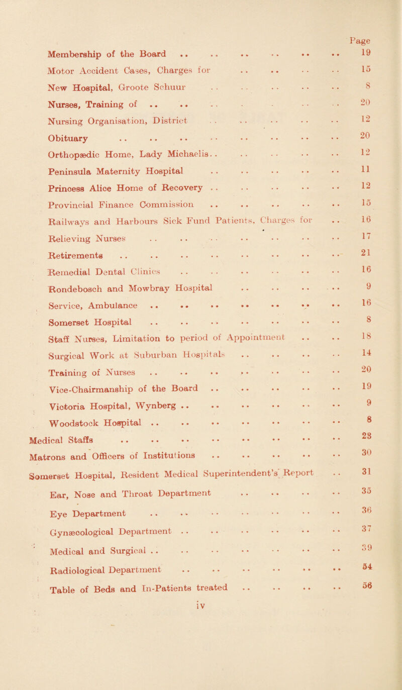 Membership of the Board Motor Accident Cases, Charges for New Hospital, Groote Schuur Nurses, Training of Nursing Organisation, District Obituary Orthopaedic Home, Lady Michaeiis. Peninsula Maternity Hospital Princess Alice Home of Recovery . Provincial Finance Commission Railways and Harbours Sick Fund Relieving Nurses Retirements 5atients, Charges for Remedial Dental Clinics Rondebosch and Mowbray Hospital Service, Ambulance Somerset Hospital Staff Nurses, Limitation to period of Appointment Surgical Work at Suburban Hospital- Training of Nurses Vice-Chairmanship of the Board Victoria Hospital, Wynberg .. Woodstock Hospital . . Medical Staffs • • • • • • Matrons and Officers of Institutions Somerset Hospital, Resident Medical Superintendent Repo Ear, Nose and Throat Department Eye Department Gynaecological Department Medical and Surgical Radiological Department Table of Beds and In-Patients treated Page 19 15 8 20 12 20 12 11 12 15 16 17 21 16 9 16 8 18 14 20 19 9 8 28 30 31 35 36 37 39 54 56