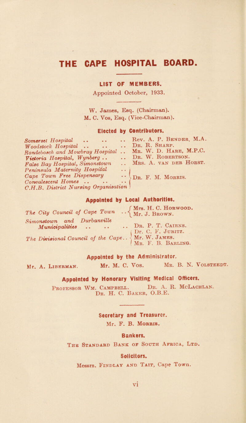 THE CAPE HOSPITAL BOARD. LIST OF MEMBERS. Appointed October, 1933. W. James, Esq. (Chairman). M. C. Vos, Esq. (Vice-Chairman). Elected by Contributors. Somerset Hospital W ood stock Hospital Rondebosch and Mowbray Hospital .. Victoria Hospital, Wynberg .. False Bay Hospital, Simonstown Peninsula Maternity Hospital . . j Cape Town Free Dispensary .. ( Convalescent Homes .. .. • • ( C.H.B. District Nursing Organisation > Rev. A. P. Bender, M.A. Dr. R. Sharp. Mr. W. D. Hare, M.P.C. Dr. W. Robertson. Mrs. A. van der Horst. Dr. F. M. Morris. Appointed by Local Authorities. „ f Mrs. H. C. Horwood. The City Council of Cape Town j\ Brown. Simonstown and Durbanville Municipalities .. .. • • Or. P. T. Cairns. i Dr. C. F. Juritz. The Divisional Council of the Cape. . - Mr. W. James. f Mr. F. B. Barling. Appointed by the Administrator. Mr. A. Liberman. Mr. M. C. Vos. Mr. B. N. Volsteedt. Appointed by Honorary Visiting SVledicai Officers. Professor Wm. Campbell. Dr. A. R. McLachlan. Dr. H. C. Baker, O.B.E. Secretary and Treasurer. Mr. F. B. Morris. Bankers. The Standard Bank of South Africa, Ltd. Solicitors. Messrs. Findlay and Tait, Cape Town.