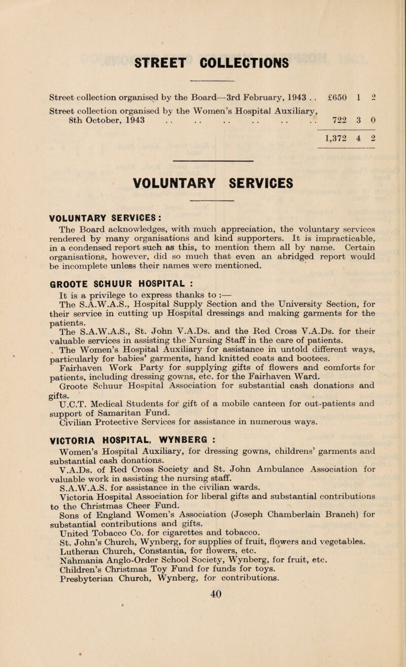 STREET COLLECTIONS Street collection organised by the Board—3rd February, 1943 . . £650 1 2 Street collection organised by the Women’s Hospital Auxiliary, 8th October, 1943 . . . . .. . . . . . . 722 3 0 1,372 4 2 VOLUNTARY SERVICES VOLUNTARY SERVICES: The Board acknowledges, with much appreciation, the voluntary services rendered by many organisations and kind supporters. It is impracticable, in a condensed report such as this, to mention them all by name. Certain organisations, however, did so much that even an abridged report would be incomplete unless their names were mentioned. GROOTE SCHUUR HOSPITAL : It is a privilege to express thanks to The S.A.W.A.S., Hospital Supply Section and the University Section, for their service in cutting up Hospital dressings and making garments for the patients. The S.A.W.A.S., St. John V.A.Ds. and the Red Cross Y.A.Ds. for their valuable services in assisting the Nursing Staff in the care of patients. The Women’s Hospital Auxiliary for assistance in untold different ways, particularly for babies’ garments, hand knitted coats and bootees. Fairhaven Work Party for supplying gifts of flowers and comforts for patients, including dressing gowns, etc. for the Fairhaven Ward. Groote Schuur Hospital Association for substantial cash donations and gifts. U. C.T. Medical Students for gift of a mobile canteen for out-patients and support of Samaritan Fund. Civilian Protective Services for assistance in numerous ways. VICTORIA HOSPITAL, WYNBERG : Women’s Hospital Auxiliary, for dressing gowns, childrens’ garments and substantial cash donations. V. A.Ds. of Red Cross Society and St. John Ambulance Association for valuable work in assisting the nursing staff. S.A.W.A.S. for assistance in the civilian wards. Victoria Hospital Association for liberal gifts and substantial contributions to the Christmas Cheer Fund. Sons of England Women’s Association (Joseph Chamberlain Branch) for substantial contributions and gifts. United Tobacco Co. for cigarettes and tobacco. St. John’s Church, Wynberg, for supplies of fruit, flowers and vegetables. Lutheran Church, Constantia, for flowers, etc. Nahmania Anglo-Order School Society, Wynberg, for fruit, etc. Children’s Christmas Toy Fund for funds for toys. Presbyterian Church, Wynberg, for contributions.