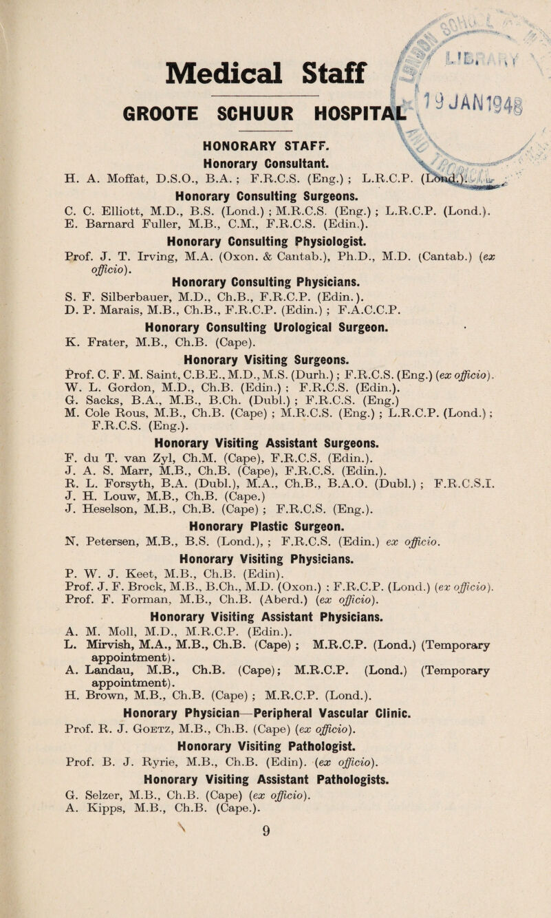 & Medical Staff / a ?r GROOTE SCHUUR HOSPITAL l o 9 JAN 194 HONORARY STAFF. Honorary Consultant. \ H. A. Moffat, D.S.O., B.A. ; F.R.C.S. (Eng.) ; L.R.C.P. Honorary Consulting Surgeons. C. C. Elliott, M.D., B.S. (Lond.) ; M.R.C.S. (Eng.); L.R.C.P. (Lond.). E. Barnard Fuller, M.B., C.M., F.R.C.S. (Edin.). Honorary Consulting Physiologist. Prof. J. T. Irving, M.A. (Oxon. & Cantab.), Ph.D., M.D. (Cantab.) (ex officio). Honorary Consulting Physicians. S. F. Silberbauer, M.D., Ch.B., F.R.C.P. (Edin.). D. P. Marais, M.B., Ch.B., F.R.C.P. (Edin.) ; F.A.C.C.P. Honorary Consulting Urological Surgeon. K. Frater, M.B., Ch.B. (Cape). Honorary Visiting Surgeons. Prof. C. F. M. Saint, C.B.E., M.D., M.S. (Durh.); F.R.C.S. (Eng.) (ex officio). W. L. Gordon, M.D., Ch.B. (Edin.) ; F.R.C.S. (Edin.). G. Sacks, B.A., M.B., B.Ch. (Dubl.) ; F.R.C.S. (Eng.) M. Cole Rous, M.B., Ch.B. (Cape) ; M.R.C.S. (Eng.) ; L.R.C.P. (Lond.); F.R.C.S. (Eng.). Honorary Visiting Assistant Surgeons. F. du T. van Zyl, Ch.M. (Cape), F.R.C.S. (Edin.). J. A. S. Marr, M.B., Ch.B. (Cape), F.R.C.S. (Edin.). R. L. Forsyth, B.A. (Dubl.), M.A., Ch.B., B.A.O. (Dubl.) ; F.R.C.S.I. J. H. Louw, M.B., Ch.B. (Cape.) J. Heselson, M.B., Ch.B. (Cape) ; F.R.C.S. (Eng.). Honorary Plastic Surgeon. N. Petersen, M.B., B.S. (Lond.), ; F.R.C.S. (Edin.) ex officio. Honorary Visiting Physicians. P. W. J. Keet, M.B., Ch.B. (Edin). Prof. J. F. Brock, M.B., B.Ch., M.D. (Oxon.) ; F.R.C.P. (Lond.) (ex officio). Prof. F. Forman, M.B., Ch.B. (Aberd.) (ex officio). Honorary Visiting Assistant Physicians. A. M. Moll, M.D., M.R.C.P. (Edin.). L. Mirvish, M.A., M.B., Ch.B. (Cape) ; M.R.C.P. (Lond.) (Temporary appointment). A. Landau, M.B., Ch.B. (Cape); M.R.C.P. (Lond.) (Temporary appointment). H. Brown, M.B., Ch.B. (Cape) ; M.R.C.P. (Lond.). Honorary Physician—Peripheral Vascular Clinic. Prof. R. J. Goetz, M.B., Ch.B. (Cape) (ex officio). Honorary Visiting Pathologist. Prof. B. J. Ryrie, M.B., Ch.B. (Edin). (ex officio). Honorary Visiting Assistant Pathologists. G. Selzer, M.B., Ch.B. (Cape) (ex officio). A. Kipps, M.B., Ch.B. (Cape.). \