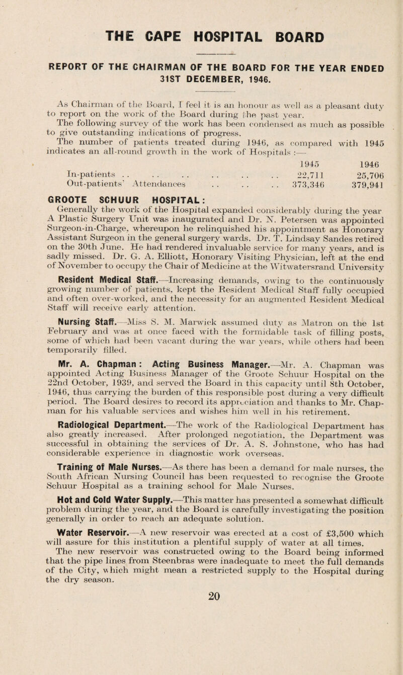 THE CAPE HOSPITAL BOARD REPORT OF THE CHAIRMAN OF THE BOARD FOR THE YEAR ENDED 31 ST DECEMBER, 1946. As Chairman of the Hoard, I feel it is an honour as well as a pleasant duty to report on the work of the Board during the past year. The following survey of the work has been condensed as much as possible to give outstanding indications of progress. The number of patients treated during 1946, as compared with 1945 indicates an all-round growth in the work of Hospitals :—- 1945 1946 In-patients. 22,711 25,706 Out-patients’ Attendances . . . . . . 373,346 379,941 GROOTE SCHUUR HOSPITAL: Generally the work of the Hospital expanded considerably during the year A Plastic Surgery Unit was inaugurated and Dr. 1ST. Petersen was appointed Surgeon-in-Charge, whereupon he relinquished his appointment as Honorary Assistant Surgeon in the general surgery wards. Dr. T. Lindsay Sandes retired on the 30th June. He had rendered invaluable service for many years, and is sadly missed. Dr. G. A. Elliott, Honorary Visiting Physician, left at the end of November to occupy the Chair of Medicine at the Witwatersrand University Resident Medical staff.—Increasing demands, owing to the continuously growing number of patients, kept the Resident Medical Staff fully occupied and often over-worked, and the necessity for an augmented Resident Medical Staff will receive early attention. Nursing Staff. —Miss S. M. Marwick assumed duty as Matron on the 1st February and was at once faced with the formidable task of filling posts, some of which had been vacant during the war years, while others had been temporarily filled. Mr. A. Chapman: Acting Business Manager.—Mr. A. Chapman was appointed Acting Business Manager of the Groote Schuur Hospital on the 22nd October, 1939, and served the Board in this capacity until 8th October, 1946, thus carrying the burden of this responsible post during a very difficult period. The Board desires to record its appreciation and thanks to Mr. Chap¬ man for his valuable services and wishes him well in his retirement. Radiological Department.—The work of the Radiological Department has also greatly increased. After prolonged negotiation, the Department was successful in obtaining the services of Dr. A. S. Johnstone, who has had considerable experience in diagnostic work overseas. Training Of Male Nurses.—As there has been a demand for male nurses, the South African Nursing Council has been requested to recognise the Groote Schuur Hospital as a training school for Male Nurses. Hot and Cold Water Supply.—This matter has presented a somewhat difficult problem during the year, and the Board is carefully investigating the position generally in order to reach an adequate solution. Water Reservoir.—A new reservoir was erected at a cost of £3,500 which will assure for this institution a plentiful supply of water at all times. The new reservoir was constructed owing to the Board being informed that the pipe lines from Steenbras were inadequate to meet the full demands of the City, which might mean a restricted supply to the Hospital during the dry season.