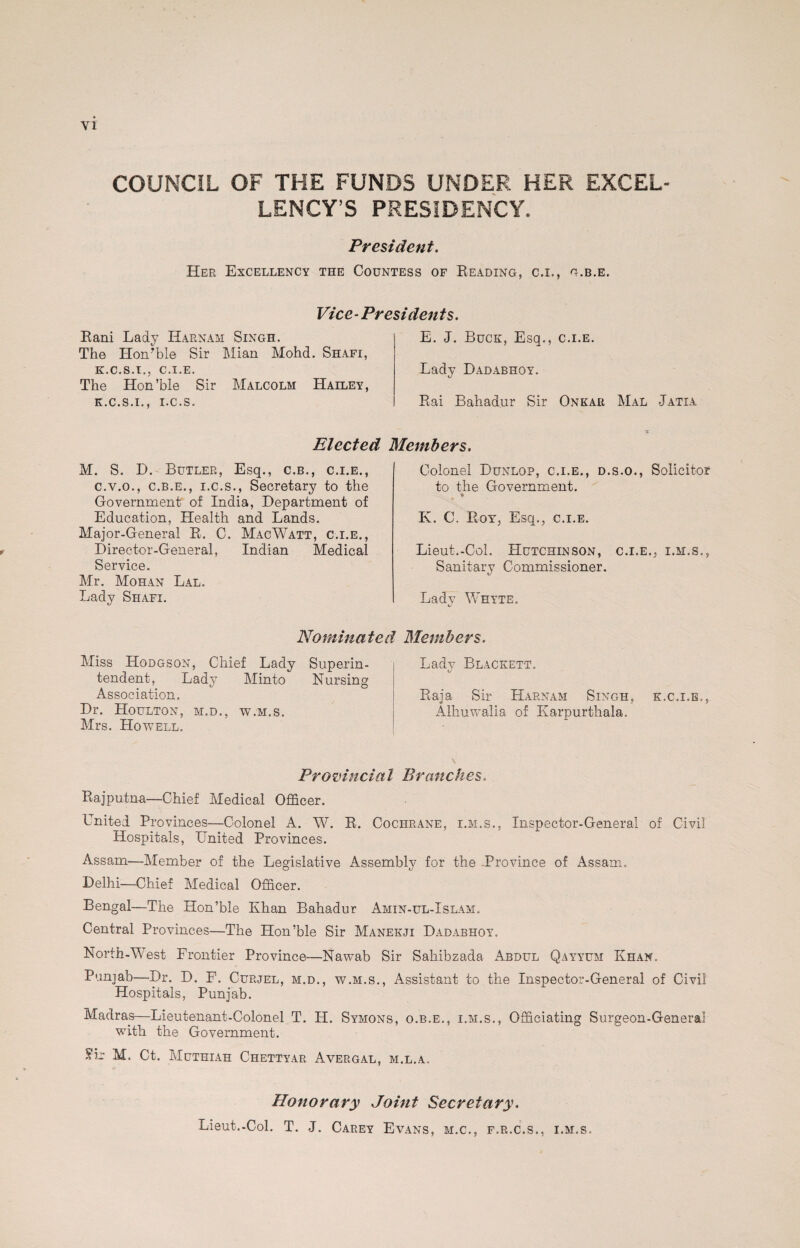 COUNCIL OF THE FUNDS UNDER HER EXCEL¬ LENCY’S PRESIDENCY. President. Her Excellency the Countess of Reading, c.i., g.b.e. Vice - Presiden ts. Rani Lady Harnam Singh. The Honffile Sir Mian Mohd. Shafi, K.C.S.I., C.I.E. The Hon’ble Sir Malcolm Hailey, K.C.S.I., I.C.S. E. J. Buck, Esq., c.i.e. Lady Dadabhqy. Rai Bahadur Sir Onkar Mal Jatia Elected Members. M. S. D. Butler, Esq., c.b., c.i.e., c.v.o., c.b.e., i.c.s., Secretary to the Government of India, Department of Education, Health and Lands. Major-General R. C. Mac Watt, c.i.e., Director-General, Indian Medical Service. Mr. Mohan Lal. Lady Shafi, Colonel Dunlop, c.i.e., d.s.o., Solicitor to the Government. * K. C. Roy, Esq., c.i.e. Lieut.-Col. Hutchinson, c.i.e., i.m.s., Sanitary Commissioner. Lady Whyte. c- Nominated Members. Miss Hodgson, Chief Lady Superin¬ tendent, Lady Minto Nursing Association. Dr. Houlton, m.d., w.m.s. Mrs. Howell. Ladv Blackett. t/ Raja Sir Harnam Singh, k.c.i.e., Alhuwalia of Karpurthala. Provincial Branches. Rajputna—Chief Medical Officer. United Provinces—Colonel A. W. R. Cochrane, i.m.s., Inspector-General of Civil Hospitals, United Provinces. Assam—Member of the Legislative Assembly for the -Province of Assam. Delhi—Chief Medical Officer. Bengal—The Hon’ble Khan Bahadur Amin-ul-Islam. Central Provinces—The Hon’ble Sir Manekji Dadabhoy. North-West Frontier Province—Nawab Sir Sahibzada Abdul Qayyum Khan. Punjab—Dr. D. F. Curjel, m.d., w.m.s., Assistant to the Inspector-General of Civil Hospitals, Punjab. Madras—Lieutenant-Colonel T. H. Symons, o.b.e., i.m.s., Officiating Surgeon-General with the Government. M. Ct. Muthiah Chettyar Avergal, m.l.a. Honorary Joint Secretary. Lieut.-Col. T. J. Carey Evans, m.c., f.r.c.s., i.m.s.