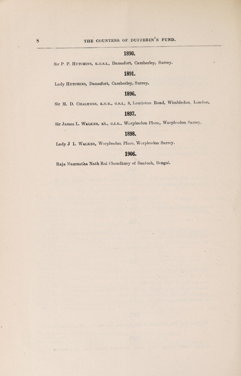 1890. Sir P. P. Hutchins, k.o.s.i., Danesfort, Camberley, Surrey. 1891. Lady Hutchins, Danesfort, Camberley, Surrey. 1896. Sir M. D. Chalmers, k.c.b., c.s.i., 8, Lauriston Road, Wimbledon, London. 1897. Sir James L. Walker, Kt., c.i.e., Worplesdon Place, Worplesdon Surrey. Lady J L. Walker, Worplesdon Place, Worplesdon Surrey. Raja Manmatha Nath Rai Choudhury of Santosh, Bengal.