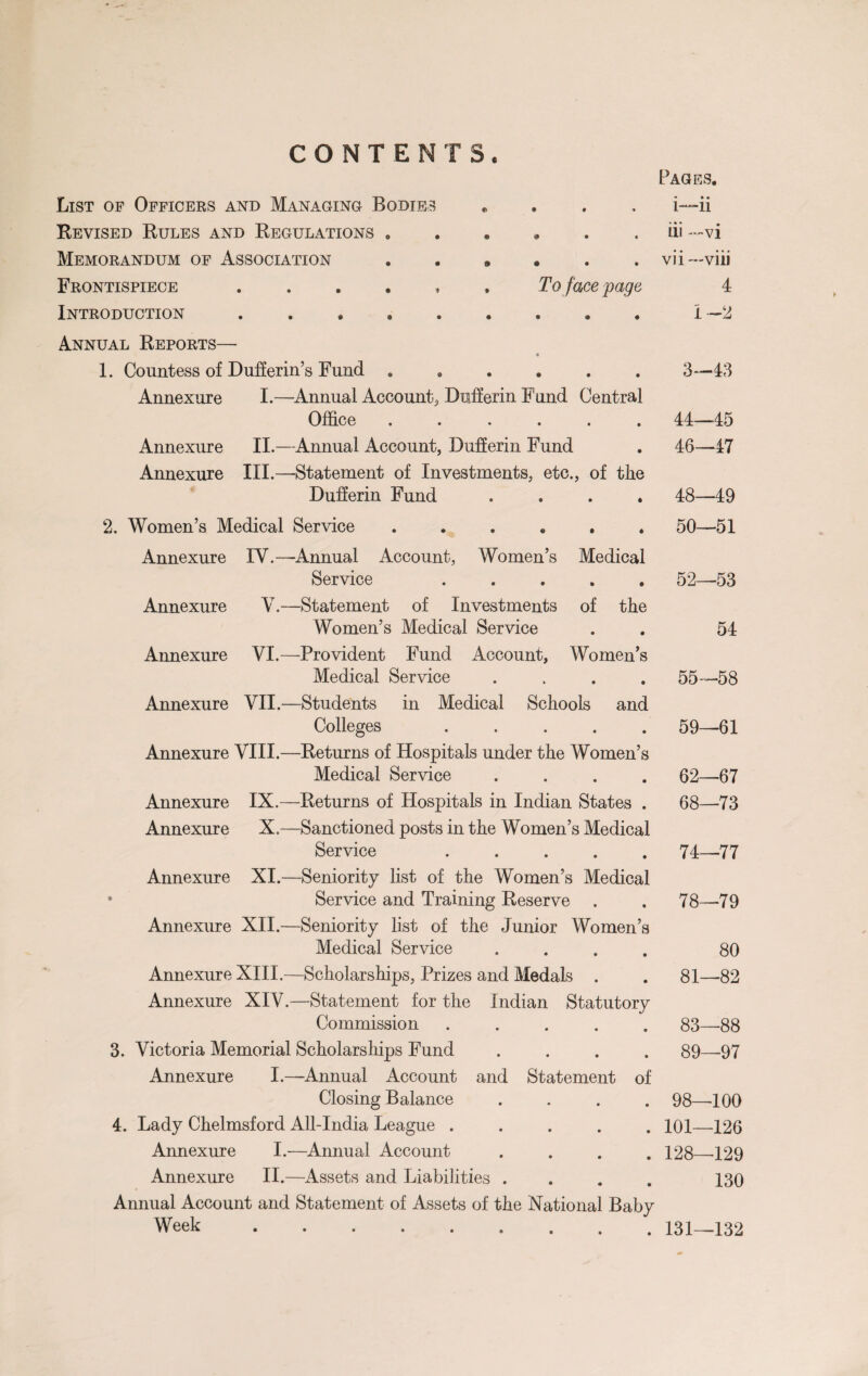 CONTENTS. List of Officers and Managing Bodies • • • Pages. • • • i—n Revised Rules and Regulations 0 © • * *** • 111 —VI Memorandum of Association « • • vii —viii Frontispiece . * To face page 4 Introduction. • * 9 • 1-2 Annual Reports— 1. Countess of Dufferin’s Fund . • • • • • 3—43 Annexure I.—Annual Account;, Dufferin Fund Central Office ...... 44—-45 Annexure II.—Annual Account, Dufferin Fund . 46—47 Annexure III.—Statement of Investments, etc., of the Dufferin Fund .... 48—49 2. Women’s Medical Service ...... 50—51 Annexure IV.—Annual Account, Women’s Medical Service ..... 52—53 Annexure V.—Statement of Investments of the Women’s Medical Service . . 54 Annexure VI.—Provident Fund Account, Women’s Medical Service .... 55—58 Annexure VII.—Students in Medical Schools and Colleges ..... 59—61 Annexure VIII.—Returns of Hospitals under the Women’s Medical Service .... 62—67 Annexure IX.—Returns of Hospitals in Indian States . 68—73 Annexure X.—Sanctioned posts in the Women’s Medical Service ..... 74—77 Annexure XI.—Seniority list of the Women’s Medical • Service and Training Reserve . Annexure XII.—Seniority list of the Junior Women’s Medical Service .... Annexure XIII.—Scholarships, Prizes and Medals . Annexure XIV.—Statement for the Indian Statutory Commission ..... 3. Victoria Memorial Scholarships Fund .... Annexure I.—Annual Account and Statement of Closing Balance .... 4. Lady Chelmsford All-India League ..... Annexure I.—Annual Account .... Annexure II.—Assets and Liabilities .... Annual Account and Statement of Assets of the National Baby Week. 78—79 80 81—82 83—88 89—97 98—100 101—126 128—129 130 131—132