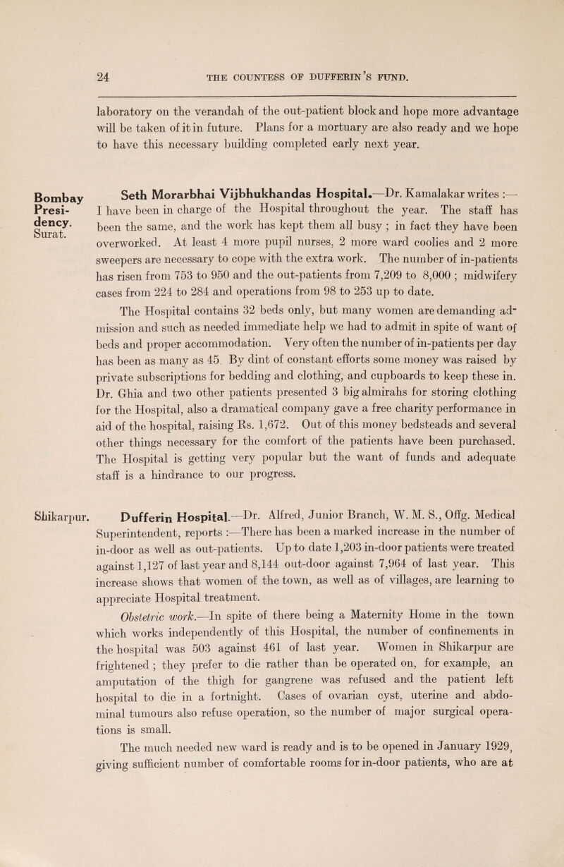 Bombay Presi¬ dency. Surat. Sliikarpur. laboratory on the verandah of the out-patient block and hope more advantage will be taken of it in future. Plans for a mortuary are also ready and we hope to have this necessary building completed early next year. Seth Morarbhai Vijbhukhandas Hospital.—Dr. Kamalakar writes I have been in charge of the Hospital throughout the year. The staff has been the same, and the work has kept them all busy ; in fact they have been overworked. At least 4 more pupil nurses. 2 more ward coolies and 2 more sweepers are necessary to cope with the extra work. The number of in-patients has risen from 753 to 950 and the out-patients from 7,209 to 8,000 ; midwifery cases from 224 to 284 and operations from 98 to 253 up to date. The Hospital contains 32 beds only, but many women are demanding ad” mission and such as needed immediate help we had to admit in spite of want of beds and proper accommodation. Very often the number of in-patients per day has been as many as 45. By dint of constant efforts some money was raised by private subscriptions for bedding and clothing, and cupboards to keep these in. Dr. Ghia and two other patients presented 3 bigalmirahs for storing clothing for the Hospital, also a dramatical company gave a free charity performance in aid of the hospital, raising Rs. 1,672. Out of this money bedsteads and several other things necessary for the comfort of the patients have been purchased. The Hospital is getting very popular but the want of funds and adequate staff is a hindrance to our progress. Dufferin Hospital.—Dr. Alfred, Junior Branch, W. M. S., 0%. Medical Superintendent, reports :■—There has been a marked increase in the number of in-door as well as out-patients. Up to date 1,203 in-door patients were treated against 1,127 of last year and 8,144 out-door against 7,964 of last year. This increase shows that women of the town, as well as of villages, are learning to appreciate Hospital treatment. Obstetric work.—In spite of there being a Maternity Home in the town which works independently of this Hospital, the number of confinements in the hospital was 503 against 461 of last year. Women in Shikarpur are frightened ; they prefer to die rather than be operated on, for example, an amputation of the thigh for gangrene was refused and the patient left hospital to die in a fortnight. Cases of ovarian cyst, uterine and abdo¬ minal tumours also refuse operation, so the number of major surgical opera¬ tions is small. The much needed new ward is ready and is to be opened in January 1929, giving sufficient number of comfortable rooms for in-door patients, who are at