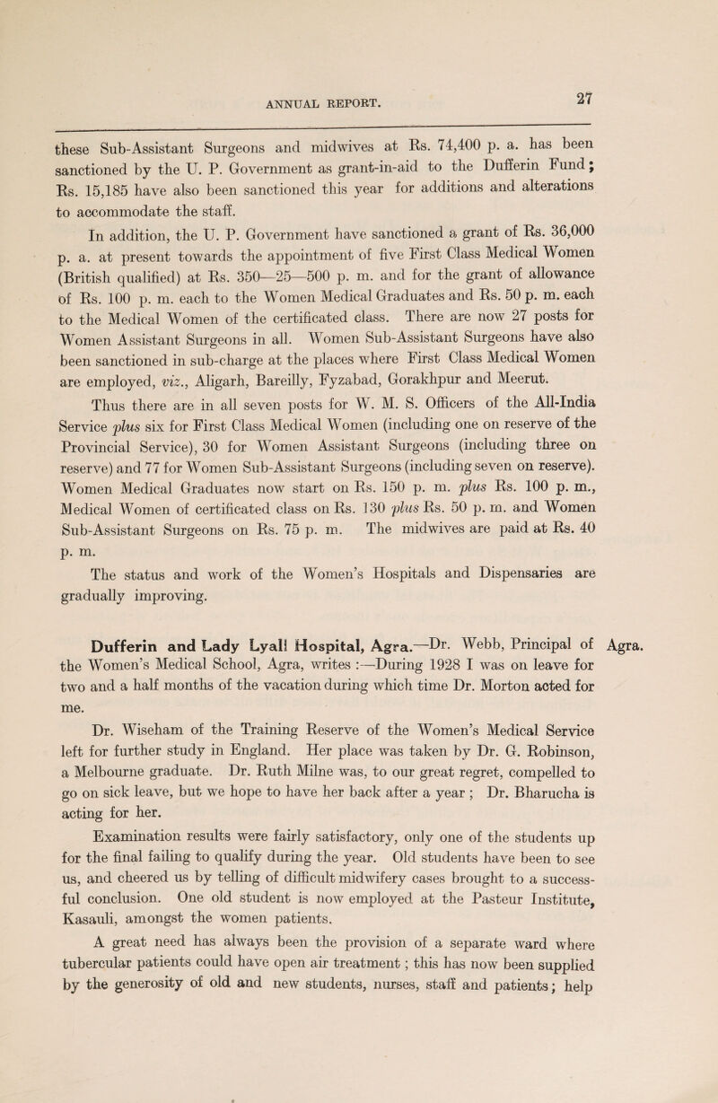 these Sub-Assistant Surgeons and midwives at Rs. 74,400 p. a. has been sanctioned by the U. P. Government as grant-in-aid to the Dufferin Fund j Rs. 15,185 have also been sanctioned this year for additions and alterations to accommodate the staff. In addition, the U. P. Government have sanctioned a grant of Rs. 36,000 p. a. at present towards the appointment of five First Class Medical Women (British qualified) at Rs. 350—25—500 p. m. and for the grant of allowance of Rs. 100 p. m. each to the Women Medical Graduates and Rs. 50 p. m. each to the Medical Women of the certificated class. There are now 27 posts for Women Assistant Surgeons in all. Women Sub-Assistant Surgeons have also been sanctioned in sub-charge at the places where First Class Medical Women are employed, viz., Aligarh, Bareilly, Fyzabad, Gorakhpur and Meerut. Thus there are in all seven posts for W. M. S. Officers of the All-India Service plus six for First Class Medical Women (including one on reserve of the Provincial Service), 30 for Women Assistant Surgeons (including three on reserve) and 77 for Women Sub-Assistant Surgeons (including seven on reserve). Women Medical Graduates now start on Rs. 150 p. m. plus Rs. 100 p. m., Medical Women of certificated class on Rs. 130 plus Rs. 50 p. m. and Women Sub-Assistant Surgeons on Rs. 75 p. m. The midwives are paid at Rs. 40 p. m. The status and work of the Women’s Hospitals and Dispensaries are gradually improving. Dufferin and Lady Lyal! Hospital, Agra.—Dr. Webb, Principal of Ag the Women’s Medical School, Agra, writes :—During 1928 I was on leave for two and a half months of the vacation during which time Dr. Morton acted for me. Dr. Wiseham of the Training Reserve of the Women’s Medical Service left for further study in England. Her place was taken by Dr. G. Robinson, a Melbourne graduate. Dr. Ruth Milne was, to our great regret, compelled to go on sick leave, but we hope to have her back after a year ; Dr. Bharucha is acting for her. Examination results were fairly satisfactory, only one of the students up for the final failing to qualify during the year. Old students have been to see us, and cheered us by telling of difficult midwifery cases brought to a success¬ ful conclusion. One old student is now employed at the Pasteur Institute, Kasauli, amongst the women patients. A great need has always been the provision of a separate ward where tubercular patients could have open air treatment; this has now been supplied by the generosity of old and new students, nurses, staff and patients; help