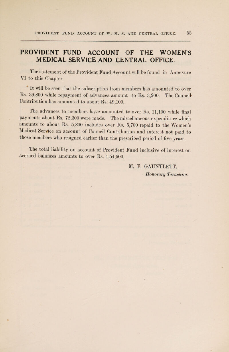 PROVIDENT FUND ACCOUNT OF THE WOMEN’S MEDICAL SERVICE AND CENTRAL OFFICE. The statement of the Provident Fund Account will be found in Annexure VI to this Chapter. It will be seen that the subscription from members has amounted to over Es. 39,800 while rejDayment of advances amount to Es. 3,200. The Council Contribution has amounted to about Es. 49,100. The advances to members have amounted to over Es. 11,100 while final payments about Es. 72,300 were made. The miscellaneous expenditure which amounts to about Es. 5,800 includes over Es. 5,700 repaid to the Women’s Medical Service on account of Council Contribution and interest not paid to those members who resigned earlier than the prescribed period of five years. The total liability on account of Provident Fund inclusive of interest on accrued balances amounts to over Es. 4,54,500. M. F. GAUNTLETT,