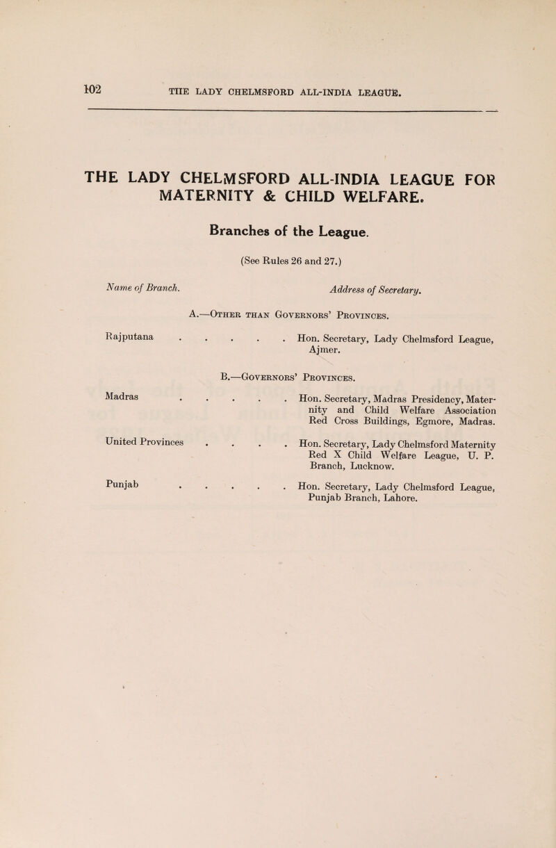 THE LADY CHELMSFORD ALL-INDIA LEAGUE FOR MATERNITY & CHILD WELFARE. Branches of the League. (See Rules 26 and 27.) Name of Branch. Address of Secretary. A.—Other than Governors’ Provinces. Rajputana ..... Hon. Secretary, Lady Chelmsford League, Ajmer. B.—Governors’ Provinces. . Hon. Secretary, Madras Presidency, Mater¬ nity and Child Welfare Association Red Cross Buildings, Egmore, Madras. . Hon. Secretary, Lady Chelmsford Maternity Red X Child Welfare League, U. P. Branch, Lucknow. . Hon. Secretary, Lady Chelmsford League, Punjab Branch, Lahore. Madras United Provinces Punjab