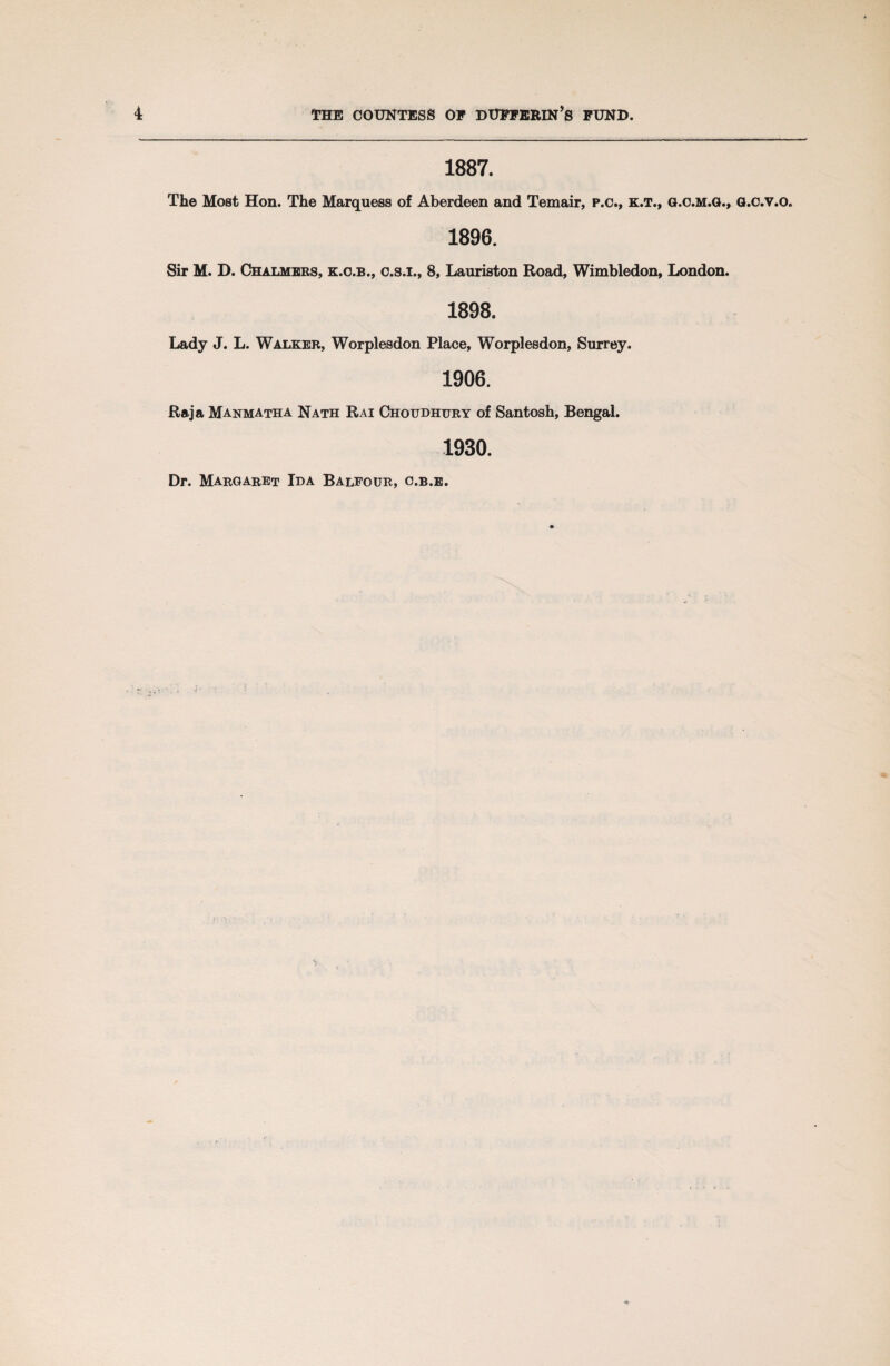 1887. The Most Hon. The Marquess of Aberdeen and Temair, p.c., k.t., g.c.m.g., g.c.v.o. 1896. Sir M. D. Chalmers, k.o.b., o.s.i., 8, Lauriston Road, Wimbledon, London. 1898. Lady J. L. Walker, Worplesdon Place, Worplesdon, Surrey. 1906. Raja Manmatha Nath Rai Choudhury of Santosh, Bengal. 1930. Dr. Margaret Ida Balfour, c.b.e.
