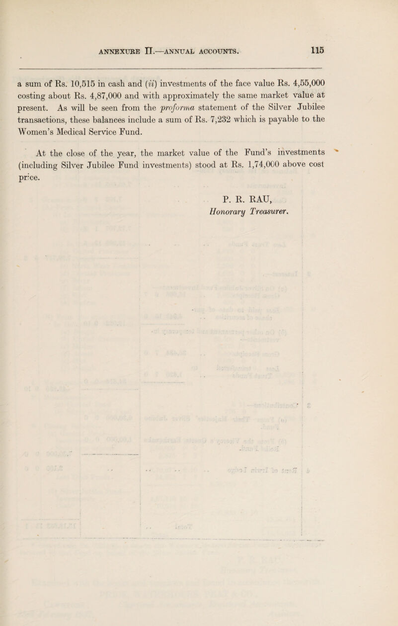 a sum of Rs. 10,515 in casli and (ii) investments of the face value Rs. 4,55,000 costing about Rs. 4,87,000 and with approximately the same market value at present. As will be seen from the proforma statement of the Silver Jubilee transactions, these balances include a sum of Rs. 7,232 which is payable to the Women’s Medical Service Fund. At the close of the year, the market value of the Fund’s investments (including Silver Jubilee Fund investments) stood at Rs. 1,74,000 above cost price. P. R. RAU,