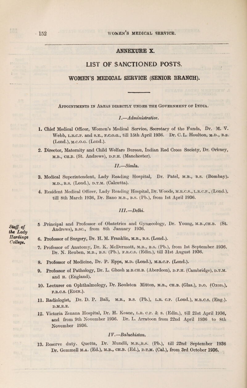 Staff of the Lady Ilardinge College. 152 women’s medical service. ANNEXURE X. LIST OF SANCTIONED POSTS. WOMEN’S MEDICAL SERVICE (SENIOR BRANCH). Appointments in Areas directly under the Government of India. I.—Administrative. 1. Chief Medical Officer, Women’s Medical Service, Secretary of the Funds, Dr. M. V. Webb, l.r.c.p. and s.e., f.c.o.g., till 15th April 1936. Dr. C. L. Houlton, m.d., b.s. (Lond.), m.c.o.g. (Lond.). 2. Director, Maternity and Child Welfare Bureau, Indian Red Cross Society, Dr. Orkney, M.B., CH.B. (St. Andrews), d.p.h. (Manchester). II.—Simla. 3. Medical Superintendent, Lady Reading Hospital, Dr. Patel, m.b., b.s. (Bombay), m.d., b.s. (Lond.), d.t.m. (Calcutta). 4. Resident Medical Officer, Lady Reading Hospital, Dr. Woods, m.r.c.s., l.r.c.p., (Lond.), till 8th March 1936, Dr. Bano m.b., b.s. (Pb.), from 1st April 1936. III.—Delhi. 5 .Principal and Professor of Obstetrics and Gynaecology, Dr. Young, m.b.,ch.b. (St. Andrews), b.sc., from 8th January 1936. 6. Professor of Surgery, Dr. H. M. Franklin, m.b., b.s. (Lond.). 7. Professor of Anatomy, Dr. K. McDermott, m.b., b.s. (Pb.), from 1st September 1936. Dr. N. Reuben, m.b., b.s. (Pb.), f.r.c.s. (Edin.), till 31st August 1936. 8. Professor of Medicine, Dr. P. Epps, m.d. (Lond.), m.r.c.p. (Lond.). 9. Professor of Pathology, Dr. L. Ghosh m.b.ch.b. (Aberdeen), d.p.h. (Cambridge), d.t.m. and H. (England). 10. Lecturer on Ophthalmology, Dr. Roulstcn Mitton, m.b., ch.b. (Glas.), d.o. (Oxon.), f.r.c.s. (Edin.). 11. Radiologist, Dr. D. P. Bali, m.b., b.s. (Pb.), l.r. c.p. (Lond.), m.r.c.s. (Eng.). D.M.R.E. 12. Victoria Zenana Hospital, Dr. H. Keane, l.r. c.p. & s. (Edin.), till 21st April 1936, and from 9th November 1936. Dr. L. Arratoon from 22nd April 1936 to 8th November 1936. IV.—Baluchistan. 13. Reserve duty. Quetta, Dr. Mundli, m.b.,b.s. (Pb.), till 22nd September 1936 Dr. Gemmell m.a. (Ed.), m.b., ch.b. (Ed.), d.t.m. (Cal.), from 3rd October 1936.