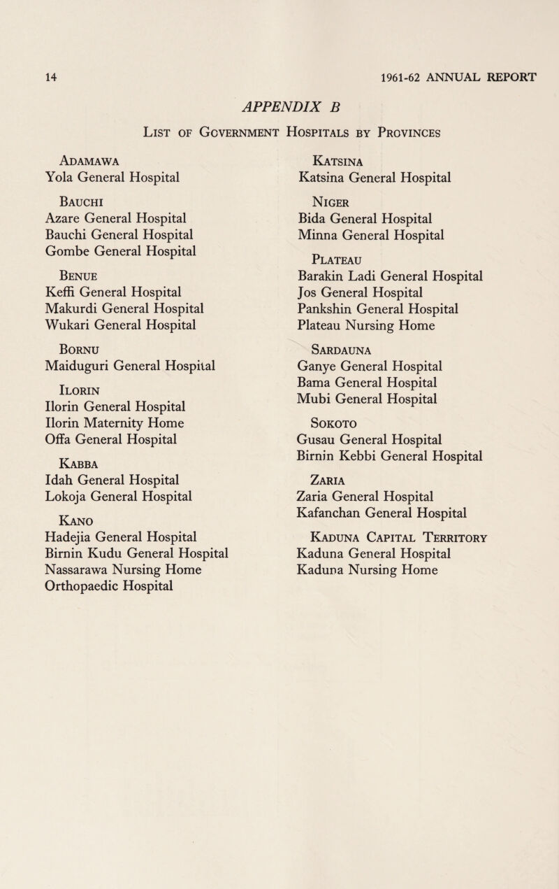 APPENDIX B List of Government Hospitals by Provinces Adamawa Yola General Hospital Bauchi Azare General Hospital Bauchi General Hospital Gombe General Hospital Benue Keffi General Hospital Makurdi General Hospital Wukari General Hospital Bornu Maiduguri General Hospital Ilorin Ilorin General Hospital Ilorin Maternity Home Offa General Hospital Kabba Idah General Hospital Lokoja General Hospital Kano Hadejia General Hospital Birnin Kudu General Hospital Nassarawa Nursing Home Orthopaedic Hospital Katsina Katsina General Hospital Niger Bida General Hospital Minna General Hospital Plateau Barakin Ladi General Hospital Jos General Hospital Pankshin General Hospital Plateau Nursing Home Sardauna Ganye General Hospital Bama General Hospital Mubi General Hospital Sokoto Gusau General Hospital Birnin Kebbi General Hospital Zaria Zaria General Hospital Kafanchan General Hospital Kaduna Capital Territory Kaduna General Hospital Kaduna Nursing Home