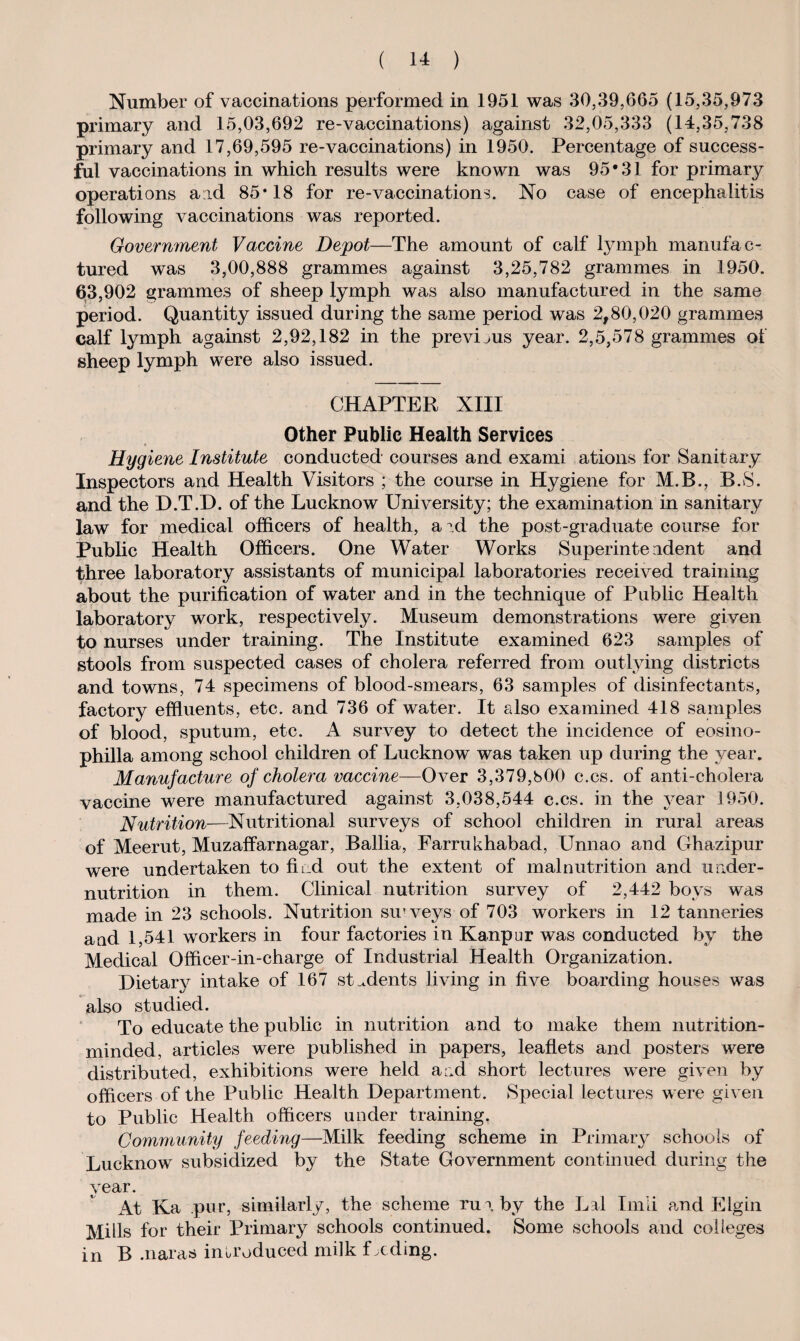 Number of vaccinations performed in 1951 was 30,39,665 (15,35,973 primary and 15,03,692 re-vaccinations) against 32,05,333 (14,35,738 primary and 17,69,595 re-vaccinations) in 1950. Percentage of success¬ ful vaccinations in which results were known was 95*31 for primary operations arid 85*18 for re-vaccinations. No case of encephalitis following vaccinations was reported. Government Vaccine Depot—The amount of calf lymph manufac¬ tured was 3,00,888 grammes against 3,25,782 grammes in 1950. 6*3,902 grammes of sheep lymph was also manufactured in the same period. Quantity issued during the same period was 2,80,020 grammes calf lymph against 2,92,182 in the previous year. 2,5,578 grammes of sheep lymph were also issued. CHAPTER XIII Other Public Health Services Hygiene Institute conducted courses and exami ations for Sanitary Inspectors and Health Visitors ; the course in Hygiene for M.B., B.S. and the D.T.D. of the Lucknow University; the examination in sanitary law for medical officers of health, a id the post-graduate course for Public Health Officers. One Water Works Superintendent and three laboratory assistants of municipal laboratories received training about the purification of water and in the technique of Public Health laboratory work, respectively. Museum demonstrations were given to nurses under training. The Institute examined 623 samples of stools from suspected cases of cholera referred from outlying districts and towns, 74 specimens of blood-smears, 63 samples of disinfectants, factory effluents, etc. and 736 of water. It also examined 418 samples of blood, sputum, etc. A survey to detect the incidence of eosino- philla among school children of Lucknow was taken up during the year. Manufacture of cholera vaccine—Over: 3,379,800 c.cs. of anti-cholera vaccine were manufactured against 3,038,544 c.cs. in the year 1950. Nutrition—Nutritional surveys of school children in rural areas of Meerut, Muzaffarnagar, Ballia, Farrukhabad, Unnao and Ghazipur were undertaken to find out the extent of malnutrition and under- nutrition in them. Clinical nutrition survey of 2,442 boys was made in 23 schools. Nutrition surveys of 703 workers in 12 tanneries and 1,541 workers in four factories in Kanpur was conducted by the Medical Officer-in-charge of Industrial Health Organization. Dietary intake of 167 students living in five boarding houses was also studied. To educate the public in nutrition and to make them nutrition- minded, articles were published in papers, leaflets and posters were distributed, exhibitions were held and short lectures were given by officers of the Public Health Department. Special lectures were given to Public Health officers under training. Community feeding—Milk feeding scheme in Primary schools of Lucknow subsidized by the State Government continued during the year. At Ka pur, similarly, the scheme rua by the Lai Imli and Elgin Mills for their Primary schools continued. Some schools and colleges in B .naras introduced milk feeding.