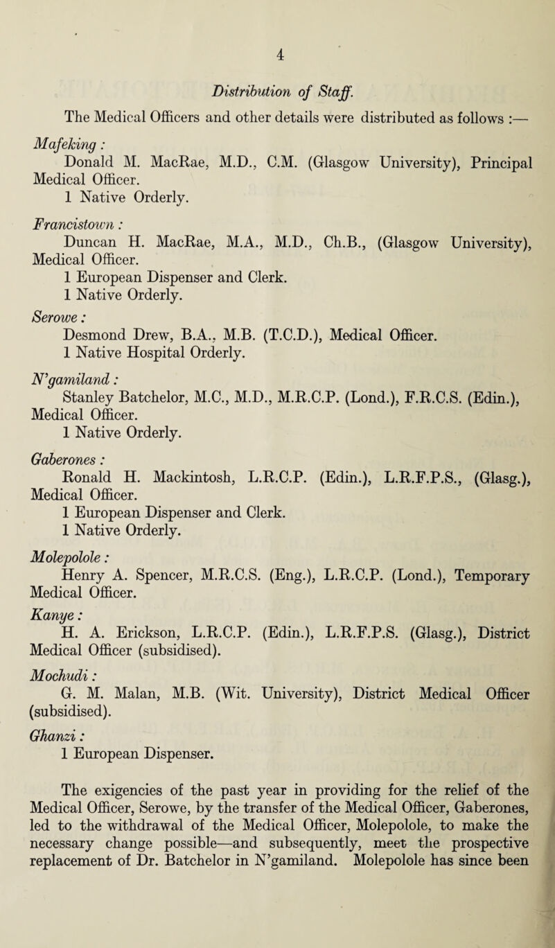 Distribution of Staff. The Medical Officers and other details were distributed as follows :— Maf eking: Donald M. MacRae, M.D., C.M. (Glasgow University), Principal Medical Officer. 1 Native Orderly. Francistown: Duncan H. MacRae, M.A., M.D., Ch.B., (Glasgow University), Medical Officer. 1 European Dispenser and Clerk. 1 Native Orderly. Serowe: Desmond Drew, B.A., M.B. (T.C.D.), Medical Officer. 1 Native Hospital Orderly. N’gamiland: Stanley Batchelor, M.C., M.D., M.R.C.P. (Bond.), F.R.C.S. (Edin.), Medical Officer. 1 Native Orderly. Gaberones: Ronald H. Mackintosh, L.R.C.P. (Edin.), L.R.F.P.S., (Glasg.), Medical Officer. 1 European Dispenser and Clerk. 1 Native Orderly. Molepolole: Henry A. Spencer, M.R.C.S. (Eng.), L.R.C.P. (Lond.), Temporary Medical Officer. Kanye: H. A. Erickson, L.R.C.P. (Edin.), L.R.F.P.S. (Glasg.), District Medical Officer (subsidised). Mochudi: G. M. Malan, M.B. (Wit. University), District Medical Officer (subsidised). Ghanzi: 1 European Dispenser. The exigencies of the past year in providing for the relief of the Medical Officer, Serowe, by the transfer of the Medical Officer, Gaberones, led to the withdrawal of the Medical Officer, Molepolole, to make the necessary change possible—and subsequently, meet the prospective replacement of Dr. Batchelor in N’gamiland. Molepolole has since been