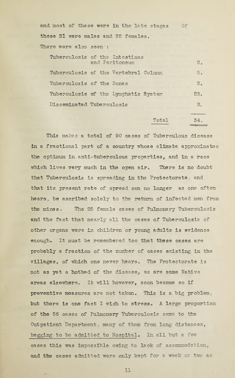 and most of these wore in the late stages Of these 31 were males and 25 females. There were also seen : Tuberculosis of the Intestines and Peritoneum 2. Tuberculosis of the Vertebral Column 5. Tuberculosis of the Bones 2. Tuberculosis of the Lymphatic System 23. Disseminated Tuberculosis 2* Total 34. ■■ ■ \ This makes a total of 90 cases of Tuberculous disease in a fractional part of a country whose climate approximates the optimum in anti-tuberculous properties, and in a race which lives very much in the open air* There is no doubt that Tuberculosis is spreading in the Protectorate- and that its present rate of spread can no longer as one often hears, be ascribed solely to the return of infected men from the mines. The 25 female cases of Pulmonary Tuberculosis and the fact that nearly all the cases of Tuberculosis of other organs were In children or young adults is evidence enough. It must be remembered too that these cases are probably a fraction of the number of cases existing in the villages, of which one never hears * The Protectorate is not as yet a hotbed of the disease,, as are some Native areas elsewhere* It will however, soon become so if preventive measures are not taken. This is a big problem, but there is one fact I wish to stress * A large proportion of the 56 cases of Pulmonary Tuberculosis came to the Outpatient Department.- many of them from long distances, begging to be admitted to Hospital. In all but a few cases this was Impossible owing to lack of accommodation* and the cases admitted were only kept for a week or two as