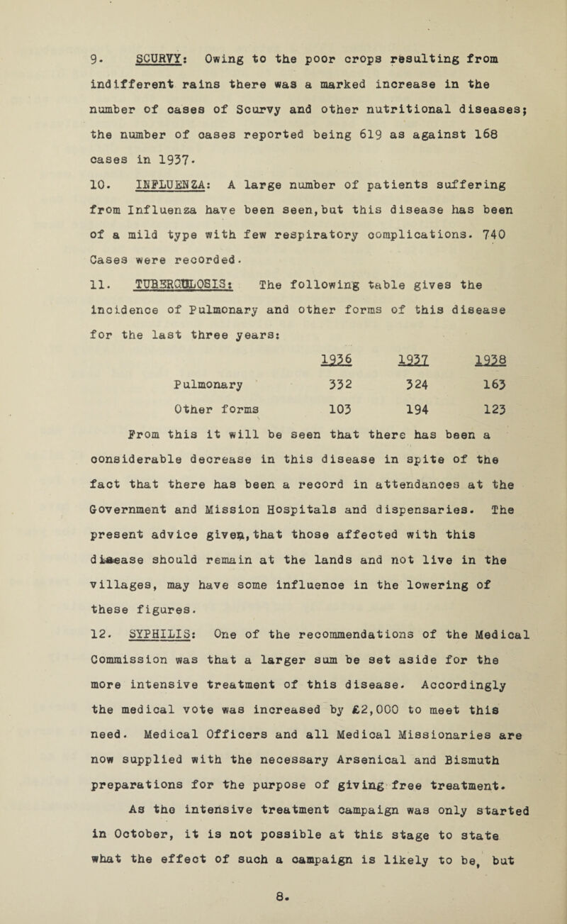 9- SCURVY; Owing to the poor crops resulting from indifferent rains there was a marked increase in the number of cases of Scurvy and other nutritional diseases; the number of oases reported being 619 as against 168 cases in 1937* 10. 1EBLUEH2A: A large number of patients suffering from Influenza have been seen,but this disease has been of a mild type with few respiratory complications. 740 Cases were recorded- 11. TUBSKGtSLOSISs The following table gives the Incidence of Pulmonary and other forms of this disease for the last three years: w 1222 1228 Pulmonary 332 324 163 Other forms 103 194 123 Prom this it will be seen that there has been a considerable decrease in this disease in spite of the fact that there has been a record in attendances at the Government and Mission Hospitals and dispensaries. The present advice giveh,that those affected with this disease should remain at the lands and not live in the villages, may have some influence in the lowering of these figures. 12. SYPHILIS: One of the recommendations of the Medical Commission was that a larger sum be set aside for the more intensive treatment of this disease. Accordingly the medical vote was increased by £2,000 to meet this need. Medical Officers and all Medical Missionaries are now supplied with the necessary Arsenical and Bismuth preparations for the purpose of giving free treatment. As the intensive treatment campaign was only started in October, it is not possible at this stage to state what the effect of such a campaign is likely to be, but