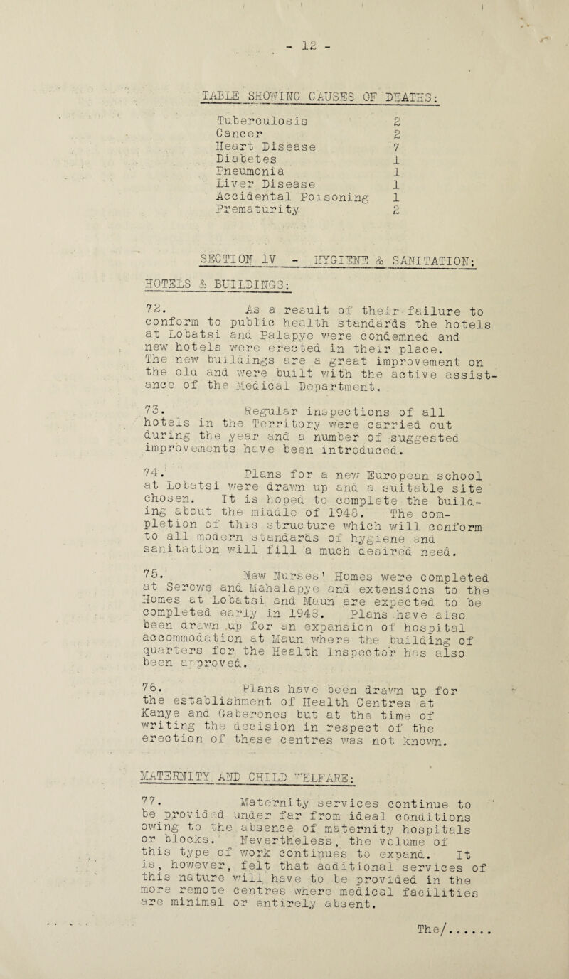 table showing causes of deaths: Tuberculosis 2 Cancer 2 Heart Disease 7 Diabetes 1 Pneumonia l Liver Disease 1 Accidental Poisoning 1 Prematurity 2 SECTION IV - HYGIENE & SANITATION; HOTELS 1) BUILDINGS: 72. As a result of their failure to conform to public health standards the hotels at Lobatsi and Palapye were condemned and new hotels were erected in their place. The new buildings are a great improvement on the ola and were built with the active assist ance of the Medical Department. 73. . Regular inspections of all hotels in the Territory were carried out during the year and a number of -suggested improvements have been introduced. 74v _ Plans for a new European school at Lobatsi were drawn up and a suitable site chosen. It is hoped to complete the build¬ ing about the middle- of 1948. The com¬ pletion of this structure which will conform to all modern standards of hygiene and sanitation will fill a much desired need. 75. ^ Hew nurses’ Homes were completed at Sercwe and Mahalapye and extensions to the Homes at Lobatsi and Maun are expected to be completed early in 1943. Plans have also been drawn up for an expansion of hospital accommodation at Maun where the building of quarters for the Health inspector has also been ajproved. 76. Plans have been drawn up for the establishment of Health Centres at Kanye and Gaberones but at the time of writing the decision in respect of the erection of these centres was not known. MATERNITY AND CHILD T''ELFARE : 77. Maternity services continue to be.provided under far from ideal conditions owing to the,absence of maternity hospitals or blocks. Nevertheless, the vclume'of this type of work continues to expand. It is, however, felt that aaditional services of this nature will have to be provided in the more remote centres where medical facilities are minimal or entirely absent. The/.