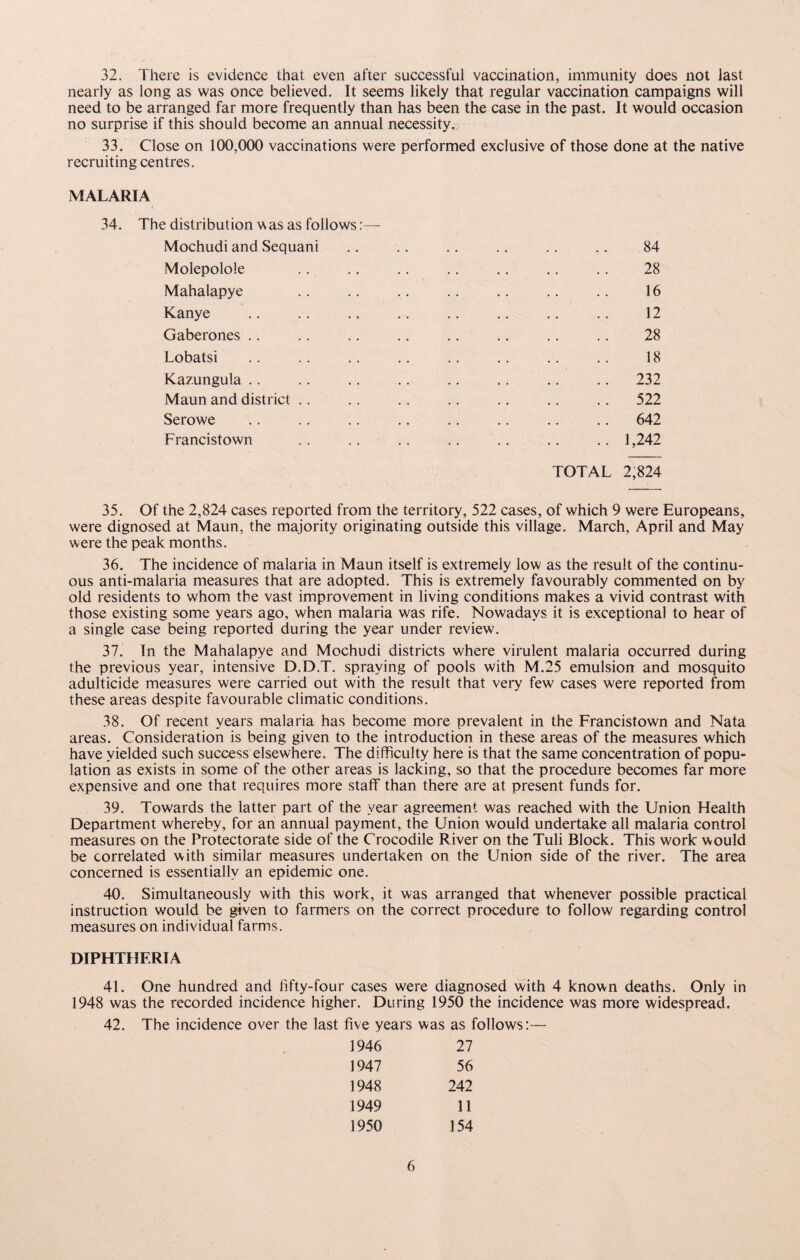 32. There is evidence that even after successful vaccination, immunity does not last nearly as long as was once believed. It seems likely that regular vaccination campaigns will need to be arranged far more frequently than has been the case in the past. It would occasion no surprise if this should become an annual necessity. 33. Close on 100,000 vaccinations were performed exclusive of those done at the native recruiting centres. MALARIA 34. The distribution was as follows Mochudi and Sequani .. .. .. .. .. .. 84 Molepolole .. .. .. .. .. .. .. 28 Mahalapye .. .. .. .. .. .. .. 16 Kanye .. .. .. .. .. .. .. .. 12 Gaberones .. .. .. .. .. .. .. .. 28 Lobatsi .. .. .. .. .. .. .. .. 18 Kazungula .. .. . . .. .. .. .. .. 232 Maun and district .. .. .. .. .. .. .. 522 Serowe .. .. .. .. .. .. .. .. 642 Francistown .. .. .. .. .. .. .. 1,242 TOTAL 2,824 35. Of the 2,824 cases reported from the territory, 522 cases, of which 9 were Europeans, were dignosed at Maun, the majority originating outside this village. March, April and May were the peak months. 36. The incidence of malaria in Maun itself is extremely low as the result of the continu¬ ous anti-malaria measures that are adopted. This is extremely favourably commented on by old residents to whom the vast improvement in living conditions makes a vivid contrast with those existing some years ago, when malaria was rife. Nowadays it is exceptional to hear of a single case being reported during the year under review. 37. In the Mahalapye and Mochudi districts where virulent malaria occurred during the previous year, intensive D.D.T. spraying of pools with M.25 emulsion and mosquito adulticide measures were carried out with the result that very few cases were reported from these areas despite favourable climatic conditions. 38. Of recent years malaria has become more prevalent in the Francistown and Nata areas. Consideration is being given to the introduction in these areas of the measures which have yielded such success elsewhere. The difficulty here is that the same concentration of popu¬ lation as exists in some of the other areas is lacking, so that the procedure becomes far more expensive and one that requires more staff than there are at present funds for. 39. Towards the latter part of the year agreement was reached with the Union Health Department whereby, for an annual payment, the Union would undertake all malaria control measures on the Protectorate side of the Crocodile River on the Tuli Block. This work would be correlated with similar measures undertaken on the Union side of the river. The area concerned is essentially an epidemic one. 40. Simultaneously with this work, it was arranged that whenever possible practical instruction would be given to farmers on the correct procedure to follow regarding control measures on individual farms. DIPHTHERIA 41. One hundred and fifty-four cases were diagnosed with 4 known deaths. Only in 1948 was the recorded incidence higher. During 1950 the incidence was more widespread. 42. The incidence over the last five years was as follows:— 1946 27 1947 56 1948 242 1949 11 1950 154