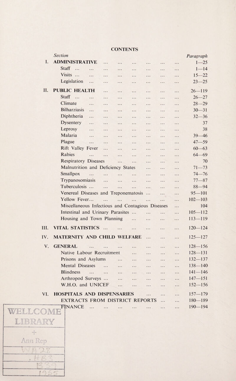 CONTENTS Section Paragraph I. ADMINISTRATIVE . 1—25 Staff . . ... 1—14 Visits. 15—22 Legislation . 23—25 II. PUBLIC HEALTH . 26—119 Staff. 26—27 Climate . 28—29 Bilharziasis. 30—31 Diphtheria . ... ... 32—36 Dysentery ... ... ... ... ... ... ... 37 Leprosy . 38 Malaria . 39—46 Plague . 47—59 Rift Valley Fever . . 60—63 Rabies . . 64—69 Respiratory Diseases ... ... ... ... ... 70 Malnutrition and Deficiency States . 71—73 Smallpox . 74—76 Trypanosomiasis ... . 77—87 Tuberculosis. . 88—94 Venereal Diseases and Treponematosis ... ... ... 95—101 Yellow Fever... ... ... ... ... ... ... 102—103 Miscellaneous Infectious and Contagious Diseases ... 104 Intestinal and Urinary Parasites ... ... ... ... 105—112 Housing and Town Planning . 113—119 III. VITAL STATISTICS. 120—124 IV. MATERNITY AND CHILD WELFARE. 125—127 V. GENERAL . 128—156 Native Labour Recruitment ... ... ... ... 128—131 Prisons and Asylums ... ... ... ... ... 132—137 Mental Diseases ... ... . ... 138—140 Blindness ... ... ... ... ... ... ... 141—146 Arthropod Surveys. ... 147—151 W.H.O. and UNICEF . 152—156 VI. HOSPITALS AND DISPENSARIES EXTRACTS FROM DISTRICT REPORTS FINANCE . 157—179 180—189 190—194