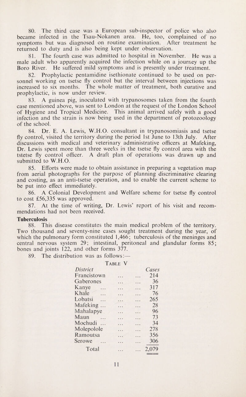 80. The third case was a European sub-inspector of police who also became infected in the Tsau-Nokanen area. He, too, complained of no symptoms but was diagnosed on routine examination. After treatment he returned to duty and is also being kept under observation. 81. The fourth case was admitted to hospital in November. He was a male adult who apparently acquired the infection while on a journey up the Boro River. He suffered mild symptoms and is presently under treatment. 82. Prophylactic pentamidine isethionate continued to be used on per¬ sonnel working on tsetse fly control but the interval between injections was increased to six months. The whole matter of treatment, both curative and prophylactic, is now under review. 83. A guinea pig, inoculated with trypanosomes taken from the fourth case mentioned above, was sent to London at the request of the London School of Hygiene and Tropical Medicine. This animal arrived safely with a good infection and the strain is now being used in the department of protozoology of the school. 84. Dr. E. A. Lewis, W.H.O. consultant in trypanosomiasis and tsetse fly control, visited the territory during the period 1st June to 13th July. After discussions with medical and veterinary administrative officers at Mafeking, Dr. Lewis spent more than three weeks in the tsetse fly control area with the tstetse fly control officer. A draft plan of operations was drawn up and submitted to W.LI.O. 85. Efforts were made to obtain assistance in preparing a vegetation map from aerial photographs for the purpose of planning discriminative clearing and costing, as an anti-tsetse operation, and to enable the current scheme to be put into effect immediately. 86. A Colonial Development and Welfare scheme for tsetse fly control to cost £56,335 was approved. 87. At the time of writing, Dr. Lewis’ report of his visit and recom¬ mendations had not been received. Tuberculosis 88. This disease constitutes the main medical problem of the territory. Two thousand and seventy-nine cases sought treatment during the year, of which the pulmonary form constituted 1,466; tuberculosis of the meninges and central nervous system 29; intestinal, peritoneal and glandular forms 85; bones and joints 122, and other forms 377. 89. The distribution was as follows:— Table V District Cases Francistown ... ... 214 Gaberones ... ... 36 Kanye ... ... ... 317 Khale ... ... ... 76 Lobatsi ... ... ... 265 Mafeking. 28 Mahalapye ... ... 96 Maun ... ... ... 73 Mochudi ... ... ... 34 Molepolole ... ... 278 Ramoutsa ... ... 356 Serowe ... ... ... 306 Total .2,079