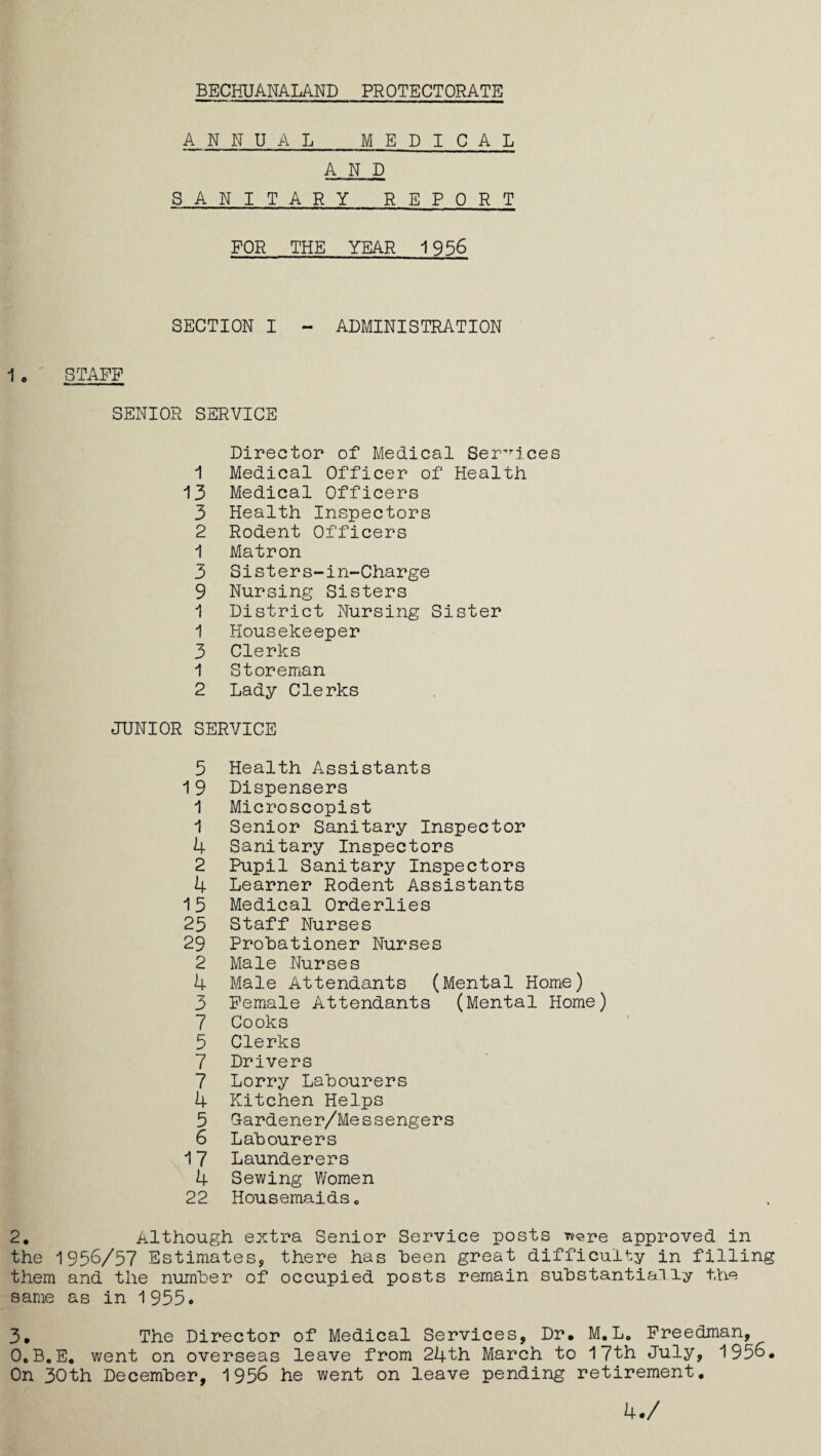 ANNUAL MEDICAL AND SANITARY REPORT FOR THE YEAR 1956 SECTION I - ADMINISTRATION 1. STAFF SENIOR SERVICE Director of Medical Services 1 Medical Officer of Health. 13 Medical Officers 3 Health Inspectors 2 Rodent Officers 1 Matron 3 Sisters-in-Charge 9 Nursing Sisters 1 District Nursing Sister 1 Housekeeper 3 Clerks 1 Storeman 2 Lady Clerks JUNIOR SERVICE 5 Health Assistants 19 Dispensers 1 Microscopist 1 Senior Sanitary Inspector 4 Sanitary Inspectors 2 Pupil Sanitary Inspectors 4 Learner Rodent Assistants 15 Medical Orderlies 25 Staff Nurses 29 Probationer Nurses 2 Male Nurses 4 Male Attendants (Mental Home) 3 Female Attendants (Mental Home) 7 Cooks 5 Clerks 7 Drivers 7 Lorry Labourers 4 Kitchen Helps 5 G-ardener/Messengers 6 Labourers 17 Launderers 4 Sewing Women 22 Housemaids o 2. Although extra Senior Service posts ™<are approved in the 1956/57 Estimates* there has been great difficulty in filling them and the number of occupied posts remain substantially the same as in 1955* 3. The Director of Medical Services, Dr, M,L« Freedman, O.B.E. went on overseas leave from 24th March to 17th July, 1956. On 30th December, 1956 he went on leave pending retirement. 4./