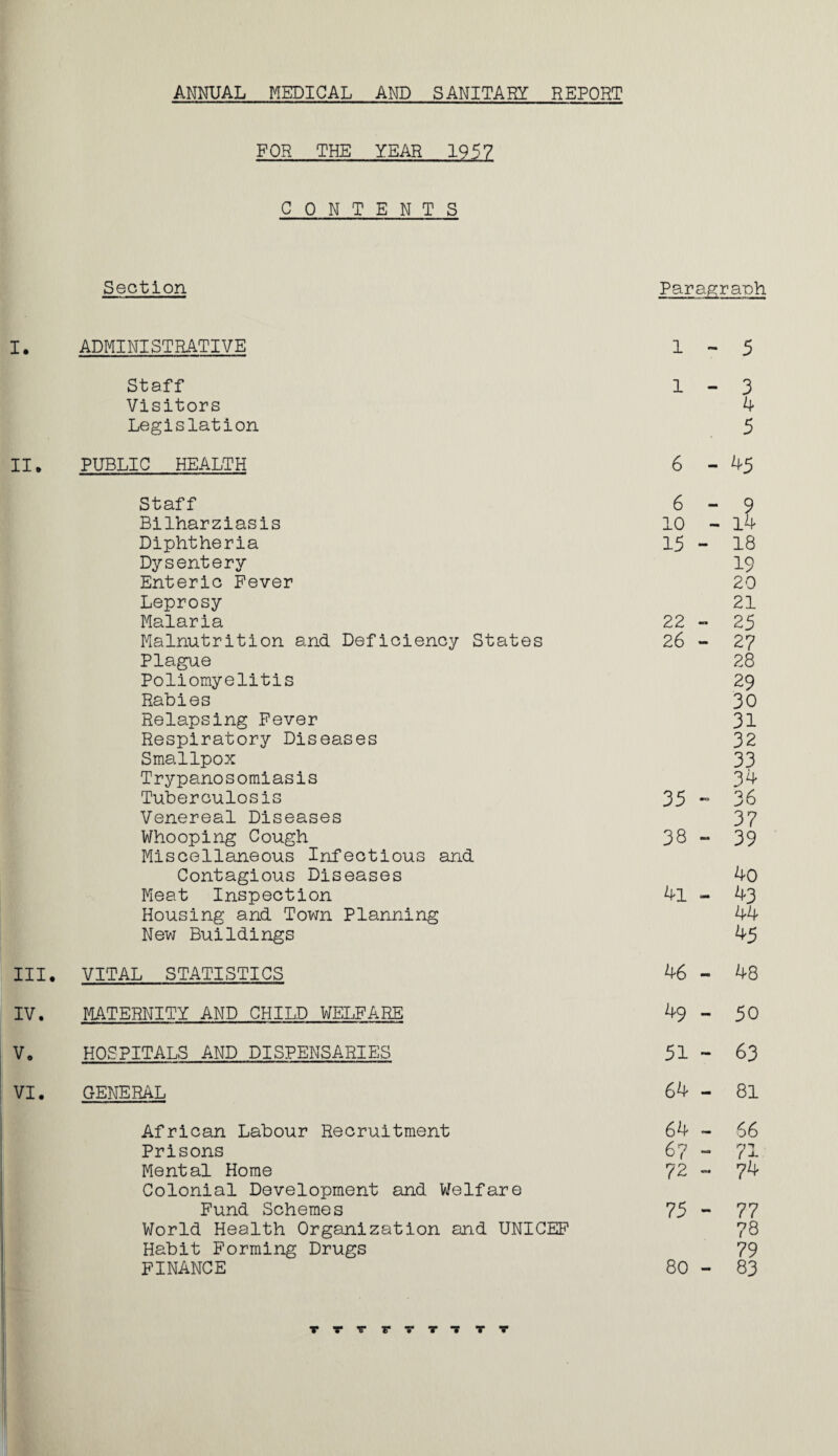 ANNUAL MEDICAL AND SANITARY REPORT FOR THE YEAR 1957 CONTENTS Section Paragraph I. ADMINISTRATIVE 1 - 5 Staff 1 3 Visitors 4 Legislation 5 II. PUBLIC HEALTH 6 4 5 9 Staff 6 Bilharziasis 10 — 14 Diphtheria 15 - 18 Dysentery 19 Enteric Fever 20 Leprosy 21 Malaria 22 — 25 Malnutrition and Deficiency States 2 6 — 27 Plague 28 Poliomyelitis 29 Rabies 30 Relapsing Fever 31 Respiratory Diseases 32 Smallpox 33 Trypanosomiasis 34 Tuberculosis 35 •0 36 Venereal Diseases 37 Whooping Cough Miscellaneous Infectious and 38 39 Contagious Diseases 4o Meat Inspection 4l - 43 Housing and Town Planning 44 New Buildings 4 5 III. VITAL STATISTICS 46 48 IV. MATERNITY AND CHILD WELFARE 49 50 V. HOSPITALS AND DISPENSARIES 51 _ 63 VI. GENERAL 64 - 81 African Labour Recruitment 64 «• 66 Prisons 6? — rn ( -i- Mental Home Colonial Development and Welfare 72 *• 74 Fund Schemes 75 - 77 World Health Organization and UNICEF 78 Habit Forming Drugs 79 FINANCE 80 - 83 rrrrrTTTT